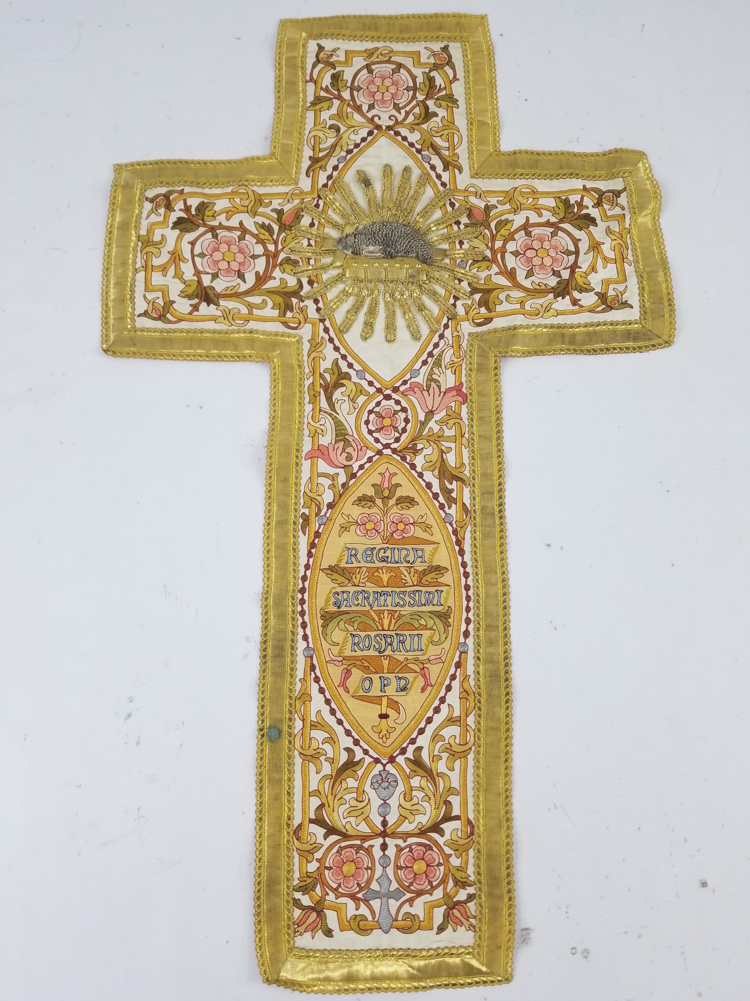 Antique 19thC French Lamb Of God Metallicwork Latin Inscription Embroidered Religious Panel 96x56cm