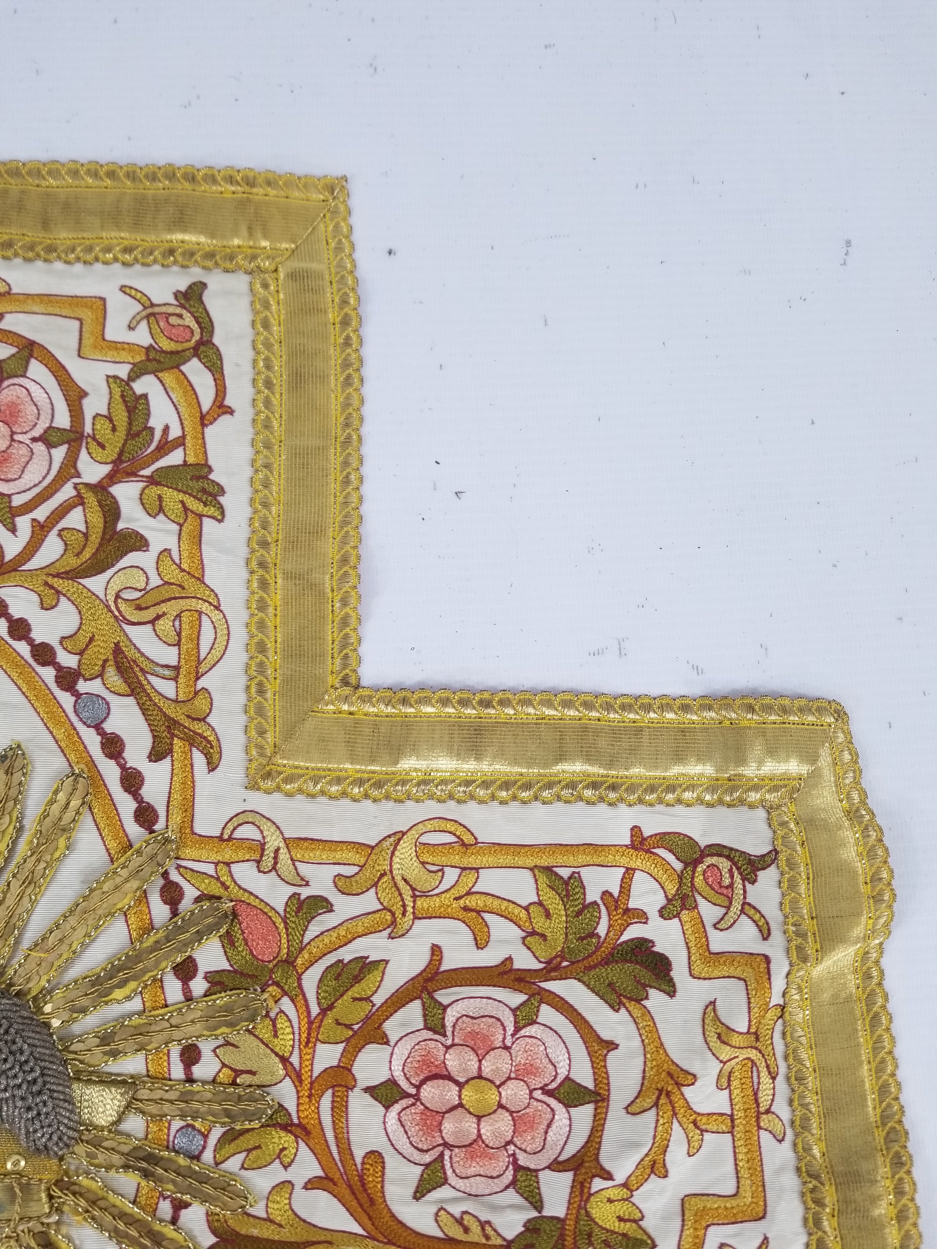 Antique 19thC French Lamb Of God Metallicwork Latin Inscription Embroidered Religious Panel 96x56cm