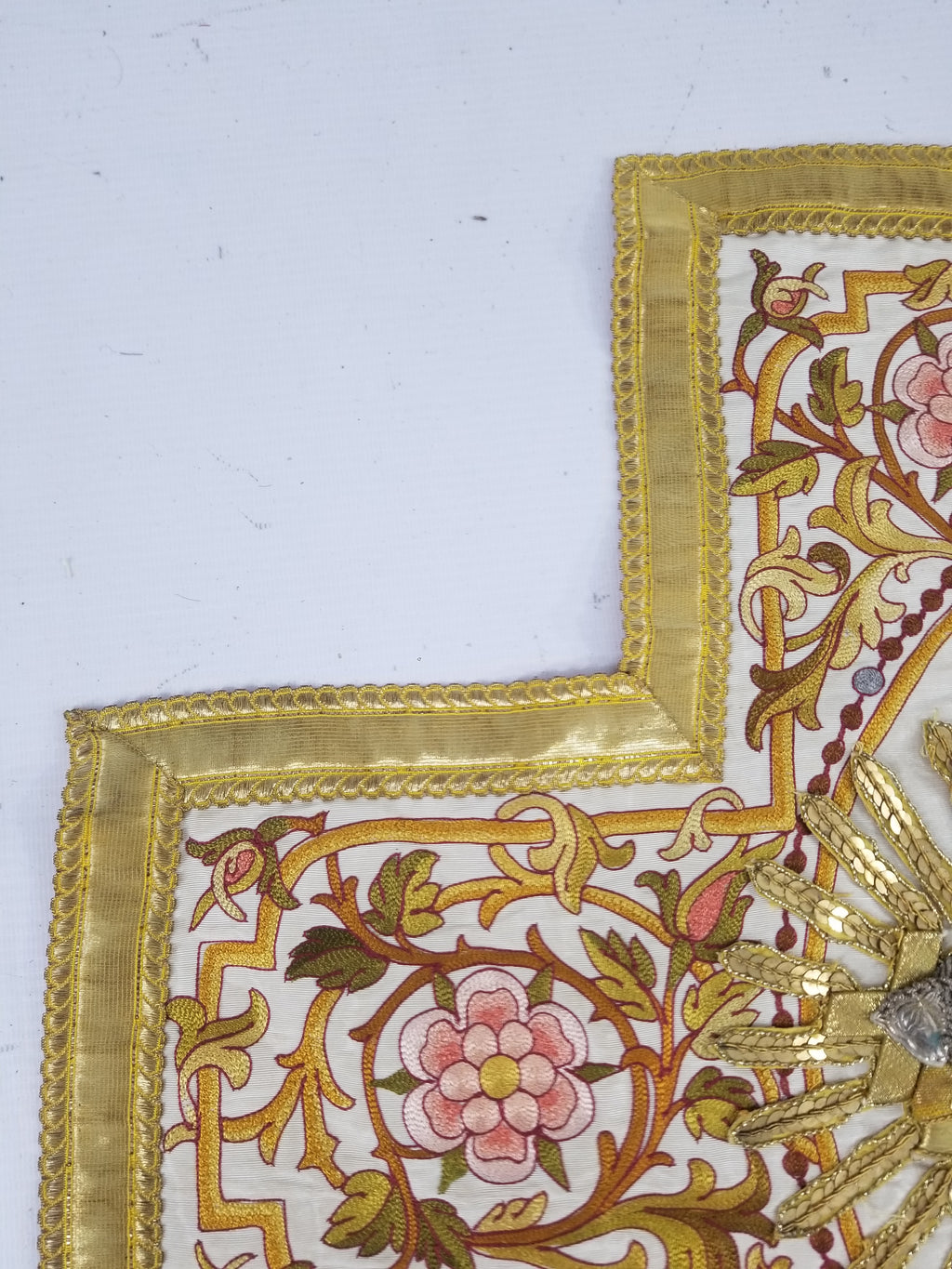 Antique 19thC French Lamb Of God Metallicwork Latin Inscription Embroidered Religious Panel 96x56cm