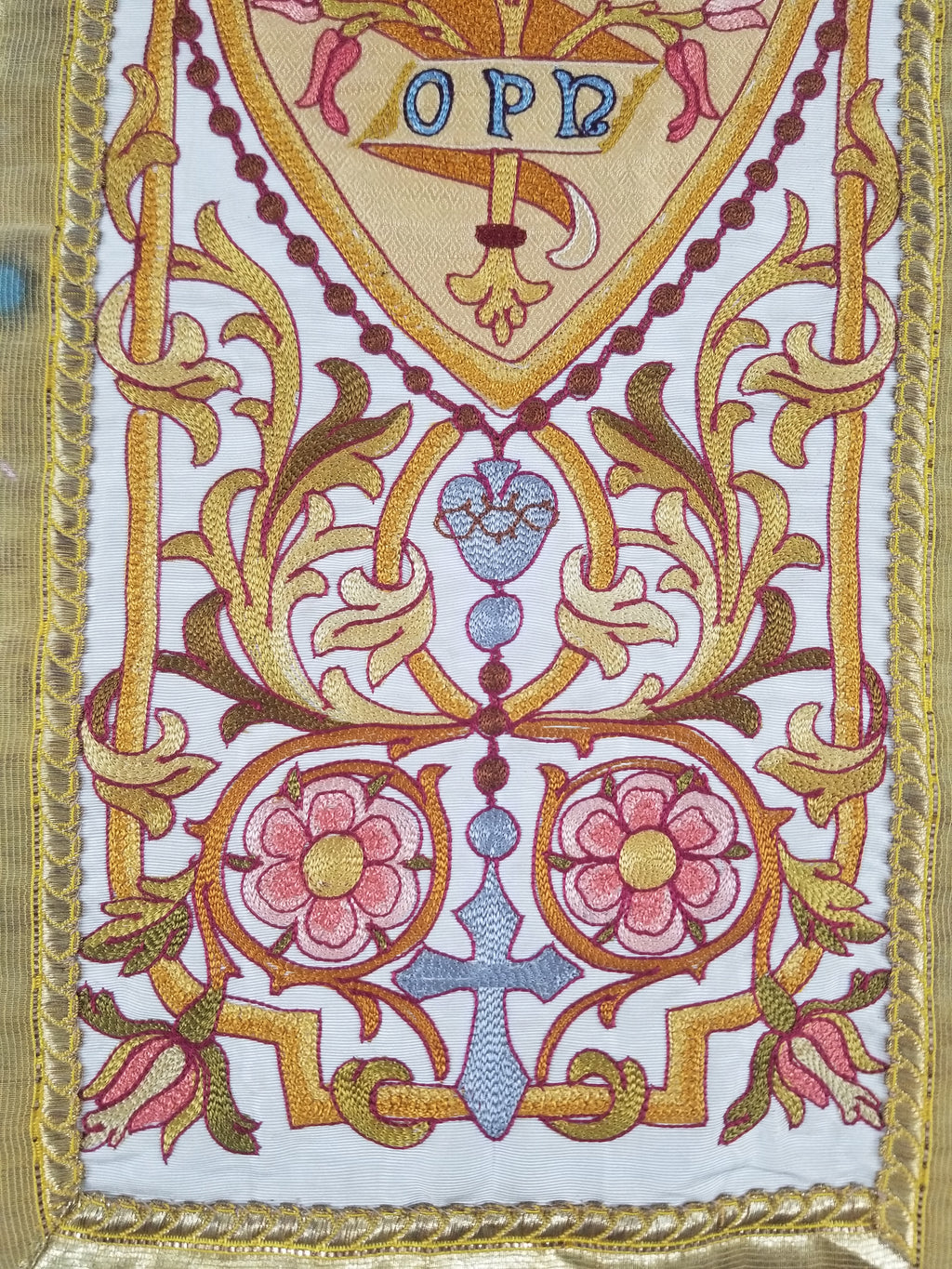 Antique 19thC French Lamb Of God Metallicwork Latin Inscription Embroidered Religious Panel 96x56cm