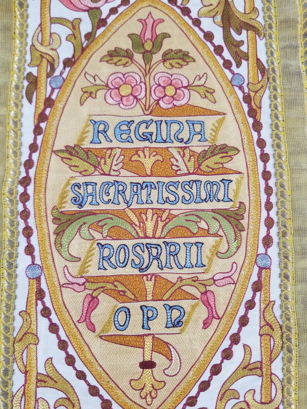 Antique 19thC French Lamb Of God Metallicwork Latin Inscription Embroidered Religious Panel 96x56cm