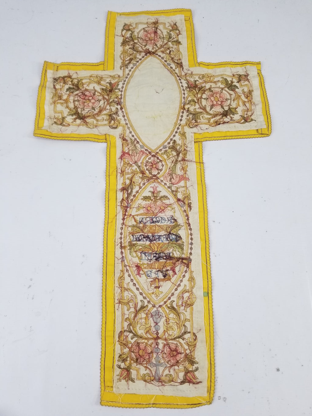 Antique 19thC French Lamb Of God Metallicwork Latin Inscription Embroidered Religious Panel 96x56cm