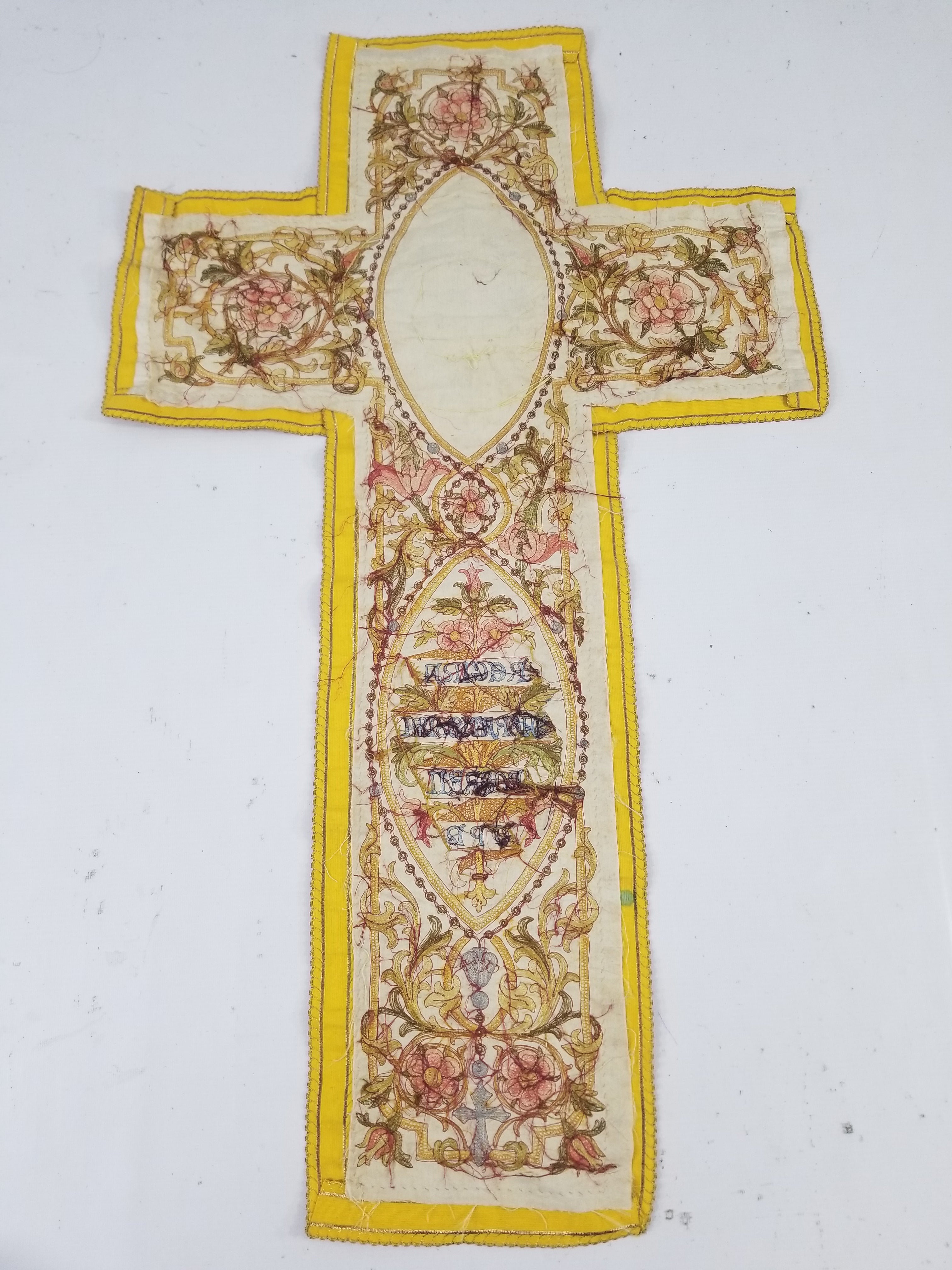 Antique 19thC French Lamb Of God Metallicwork Latin Inscription Embroidered Religious Panel 96x56cm