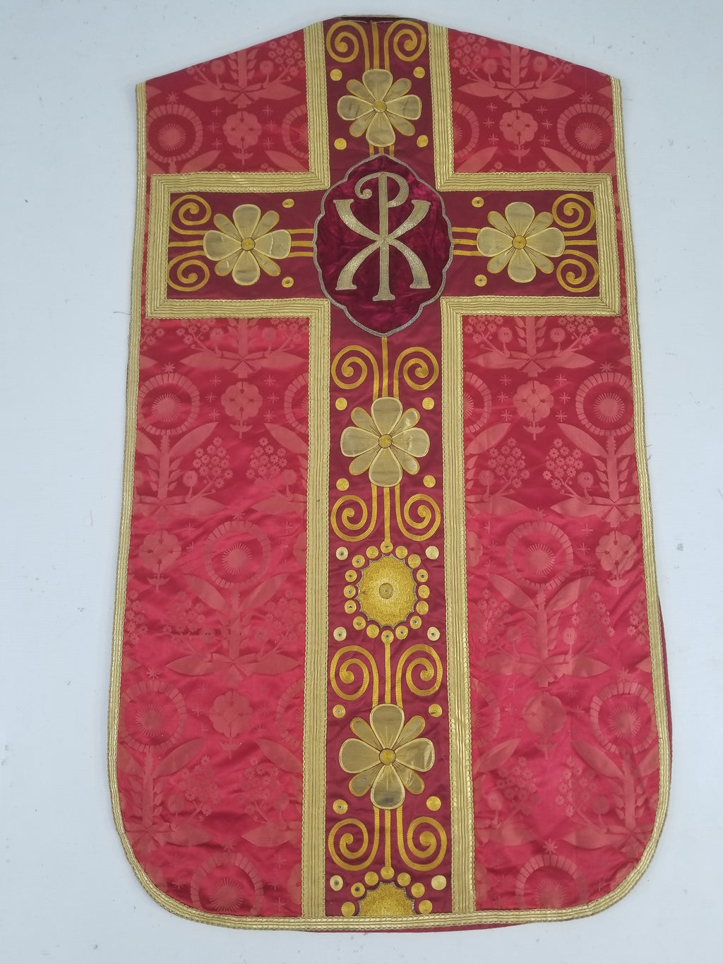 Antique French Silk Brocade Embroidered Chi Rho Motif Church Liturgical Vestment 121x108cm