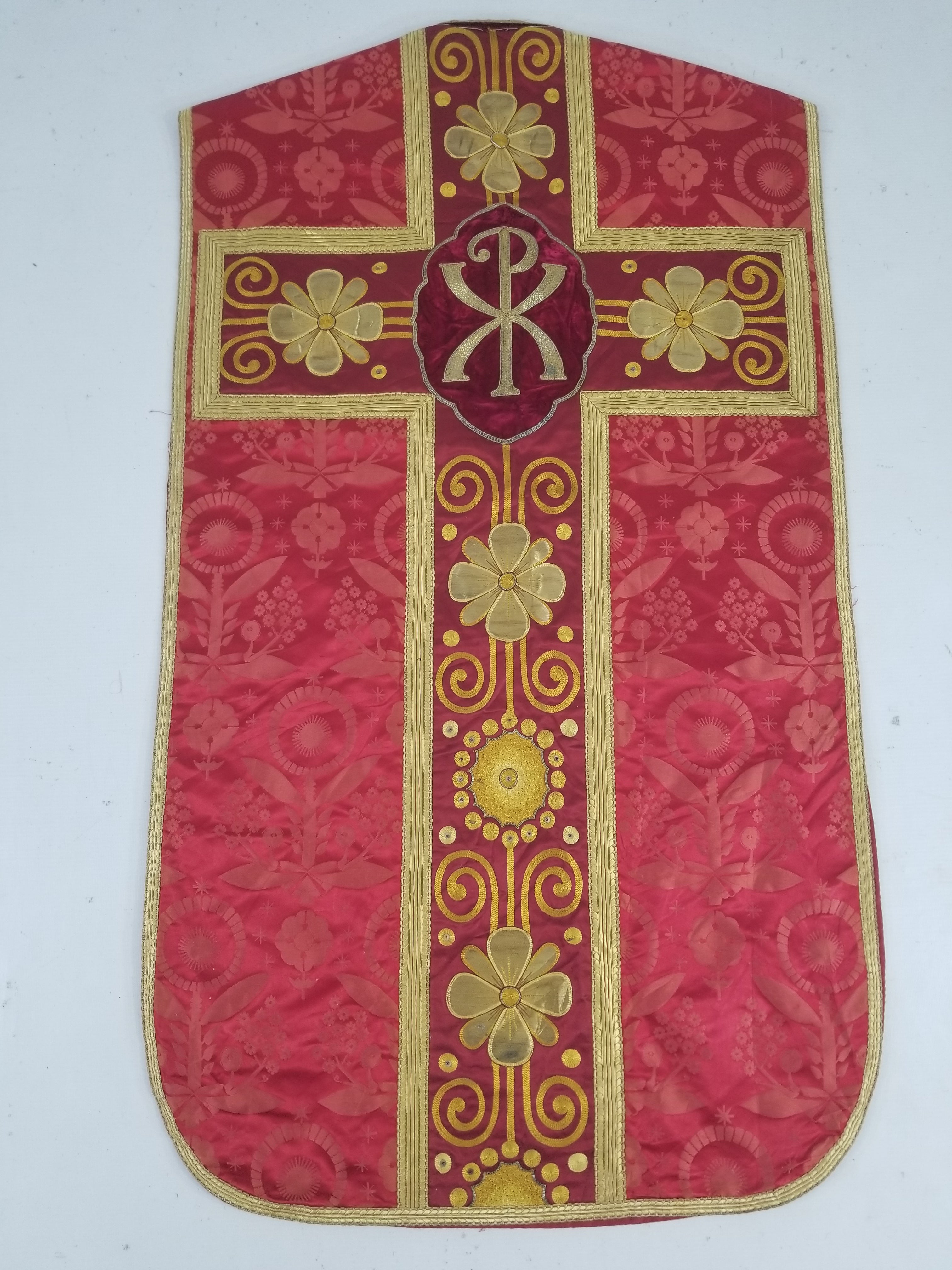 Antique French Silk Brocade Embroidered Chi Rho Motif Church Liturgical Vestment 121x108cm