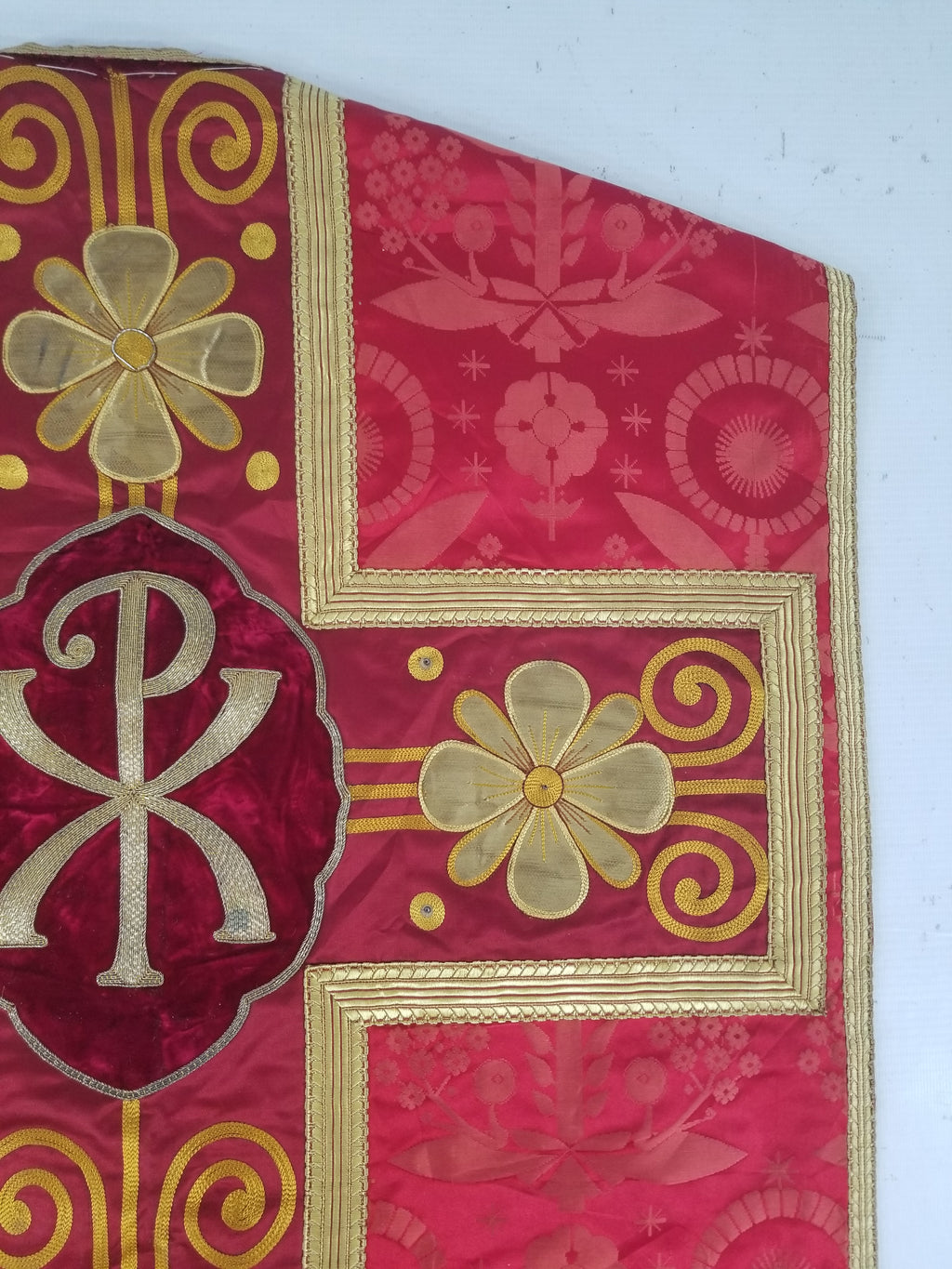 Antique French Silk Brocade Embroidered Chi Rho Motif Church Liturgical Vestment 121x108cm