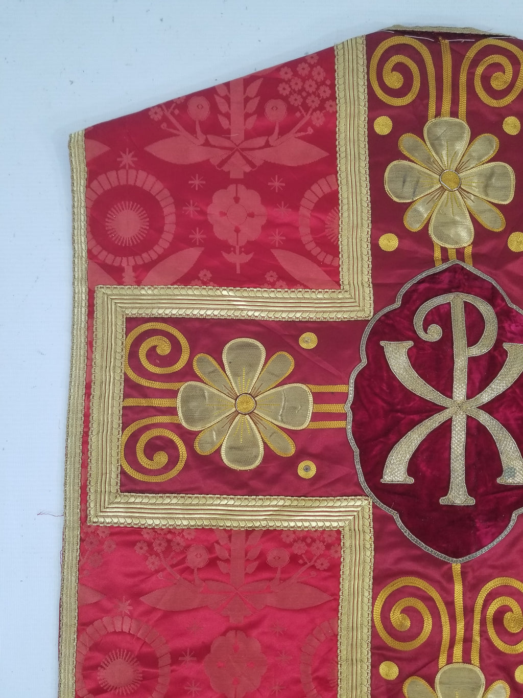Antique French Silk Brocade Embroidered Chi Rho Motif Church Liturgical Vestment 121x108cm