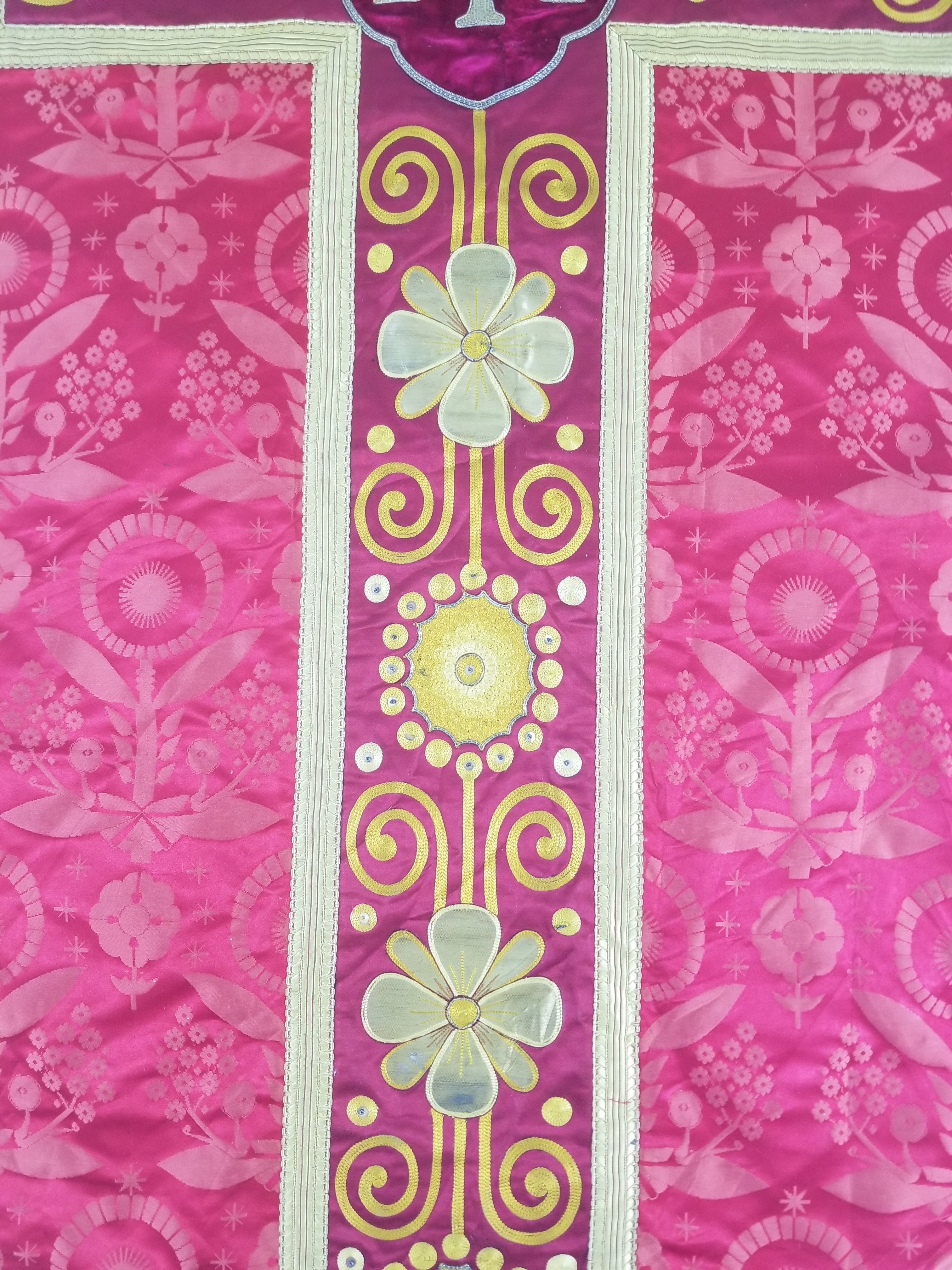Antique French Silk Brocade Embroidered Chi Rho Motif Church Liturgical Vestment 121x108cm
