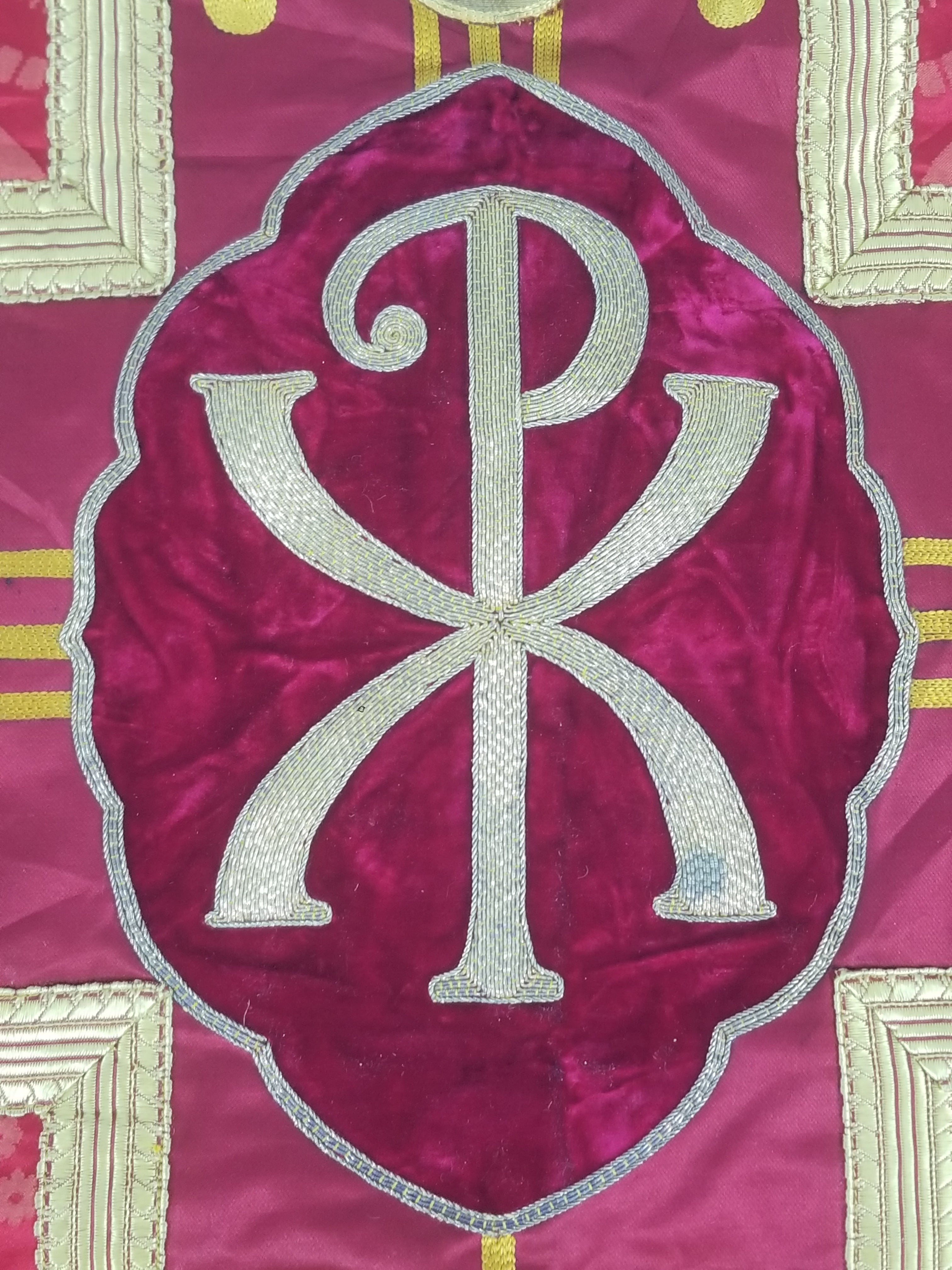 Antique French Silk Brocade Embroidered Chi Rho Motif Church Liturgical Vestment 121x108cm
