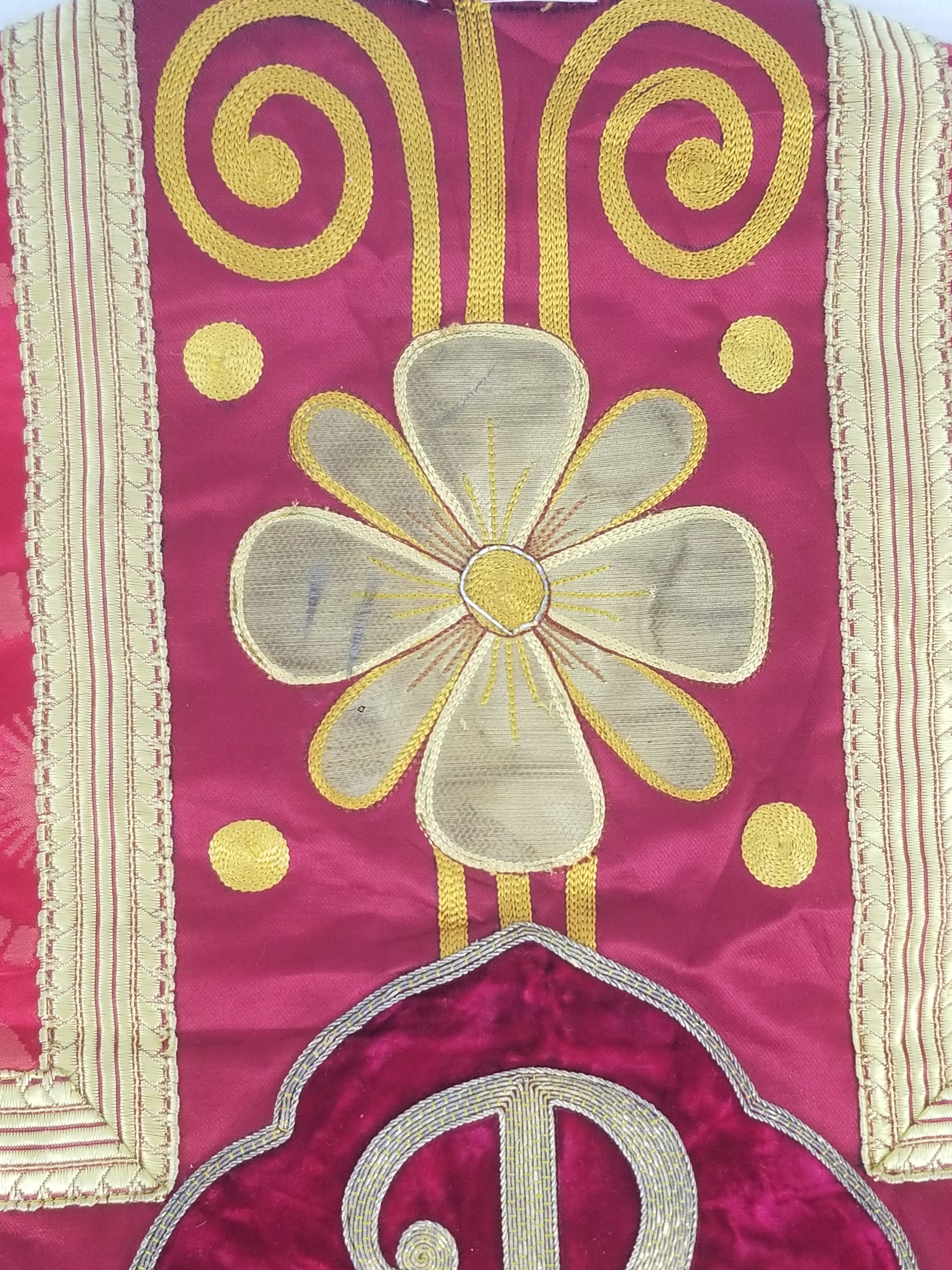 Antique French Silk Brocade Embroidered Chi Rho Motif Church Liturgical Vestment 121x108cm