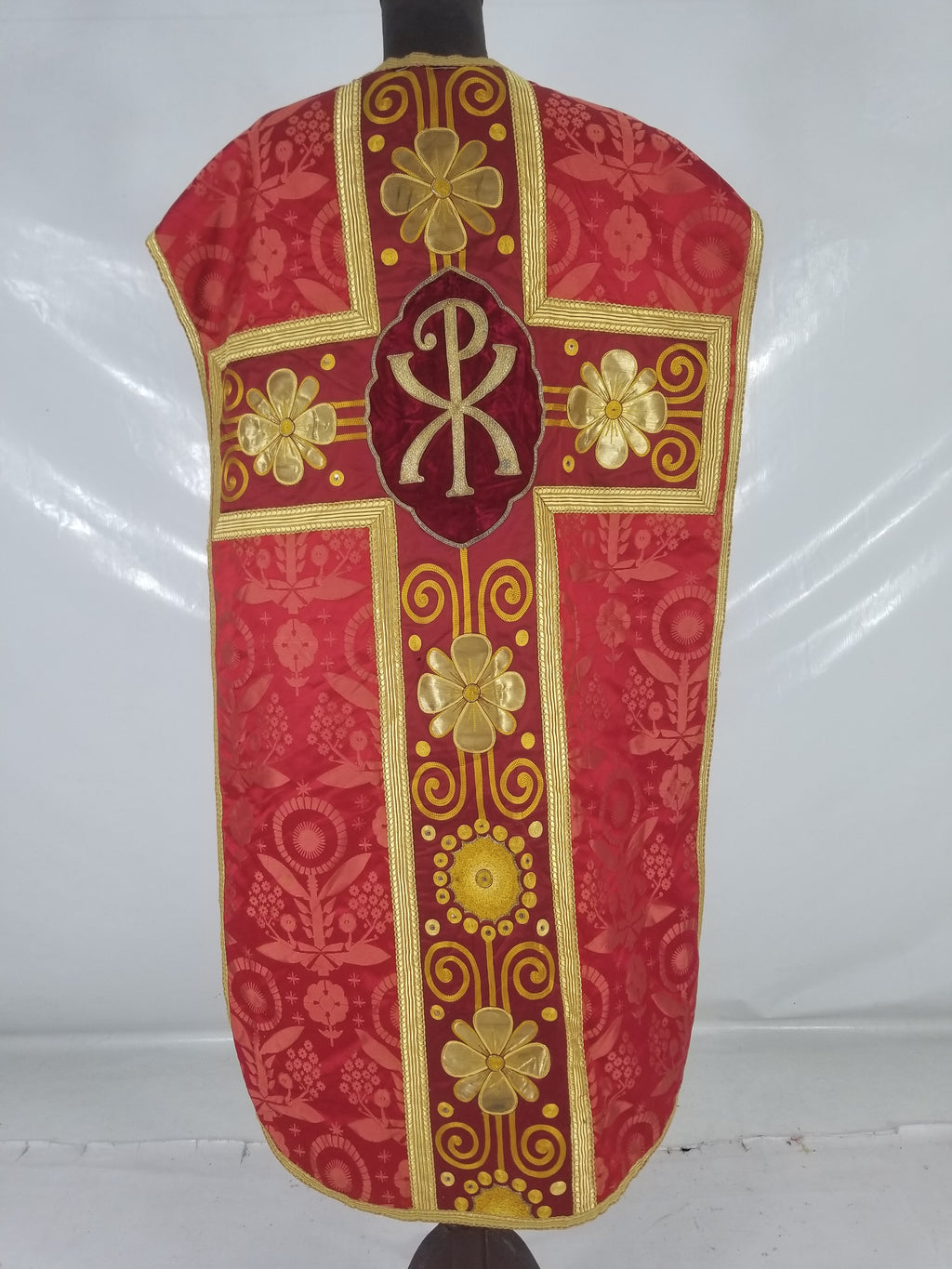 Antique French Silk Brocade Embroidered Chi Rho Motif Church Liturgical Vestment 121x108cm