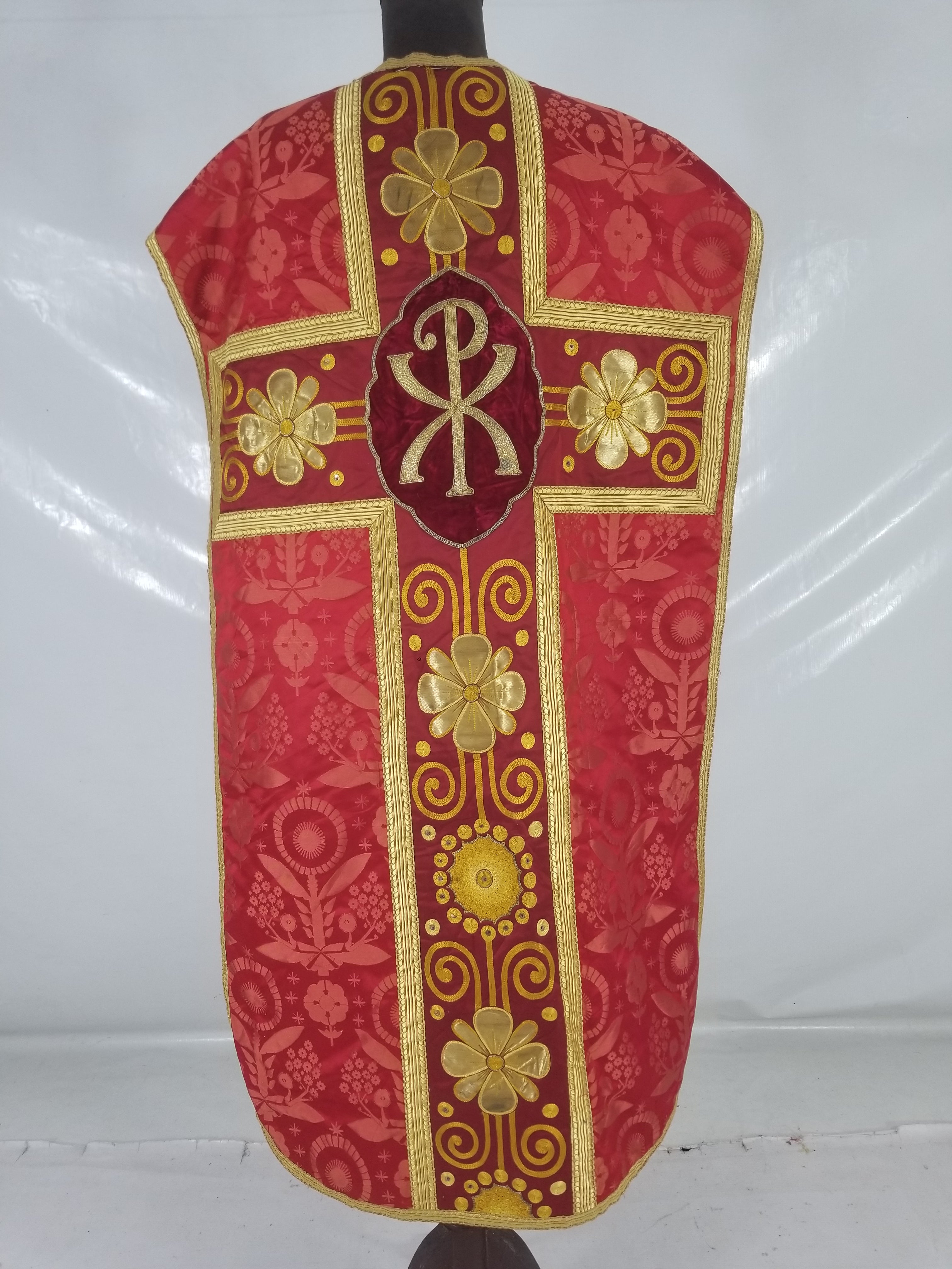 Antique French Silk Brocade Embroidered Chi Rho Motif Church Liturgical Vestment 121x108cm