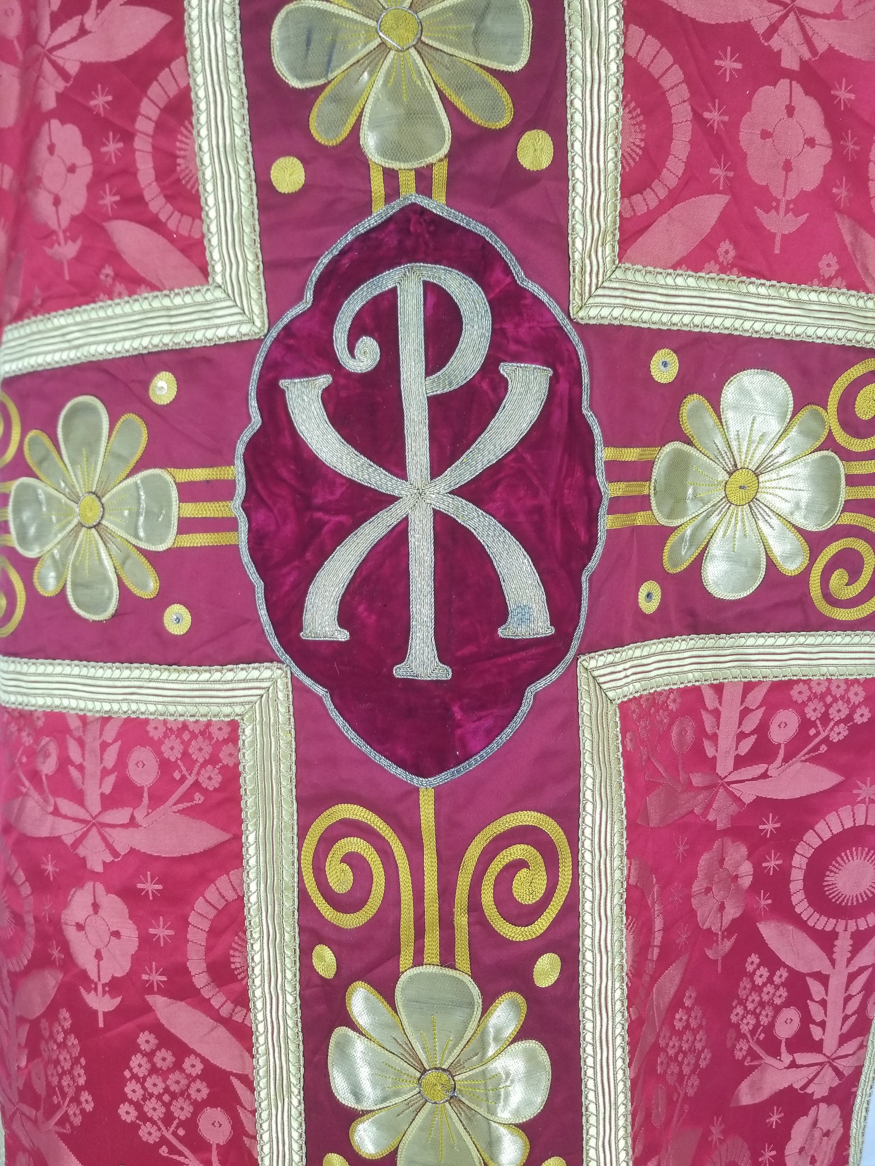 Antique French Silk Brocade Embroidered Chi Rho Motif Church Liturgical Vestment 121x108cm
