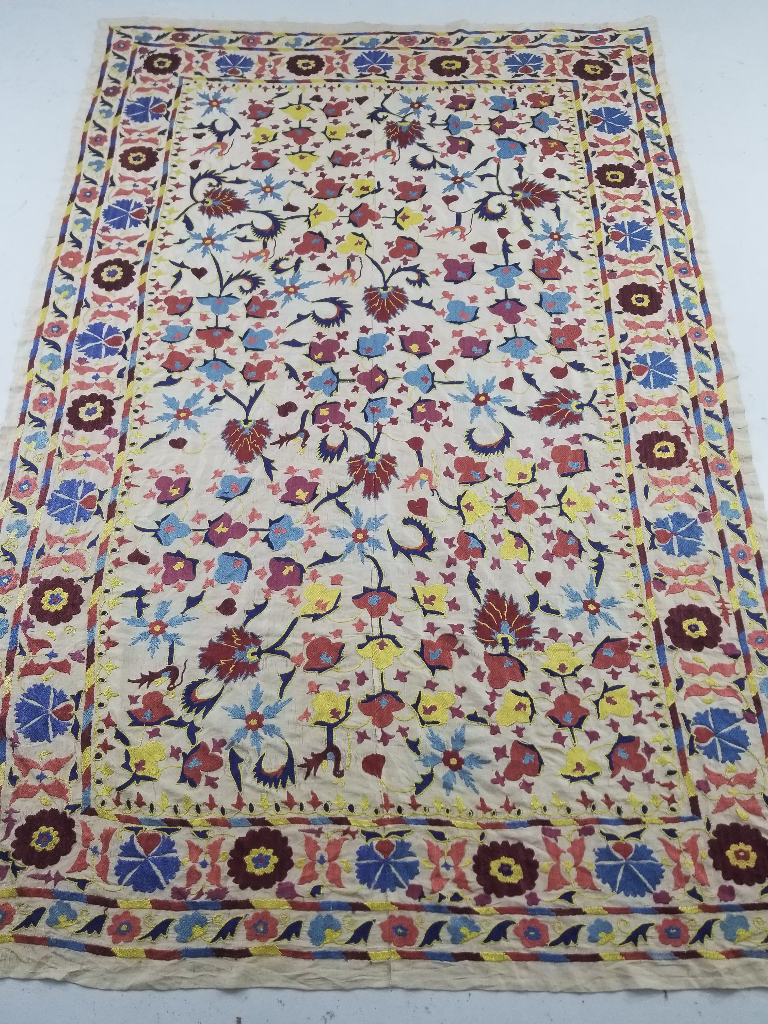 Vintage Traditional Uzbek Suzani Silk Embroidered Floral Medallion Decorative Panel 209x142cm