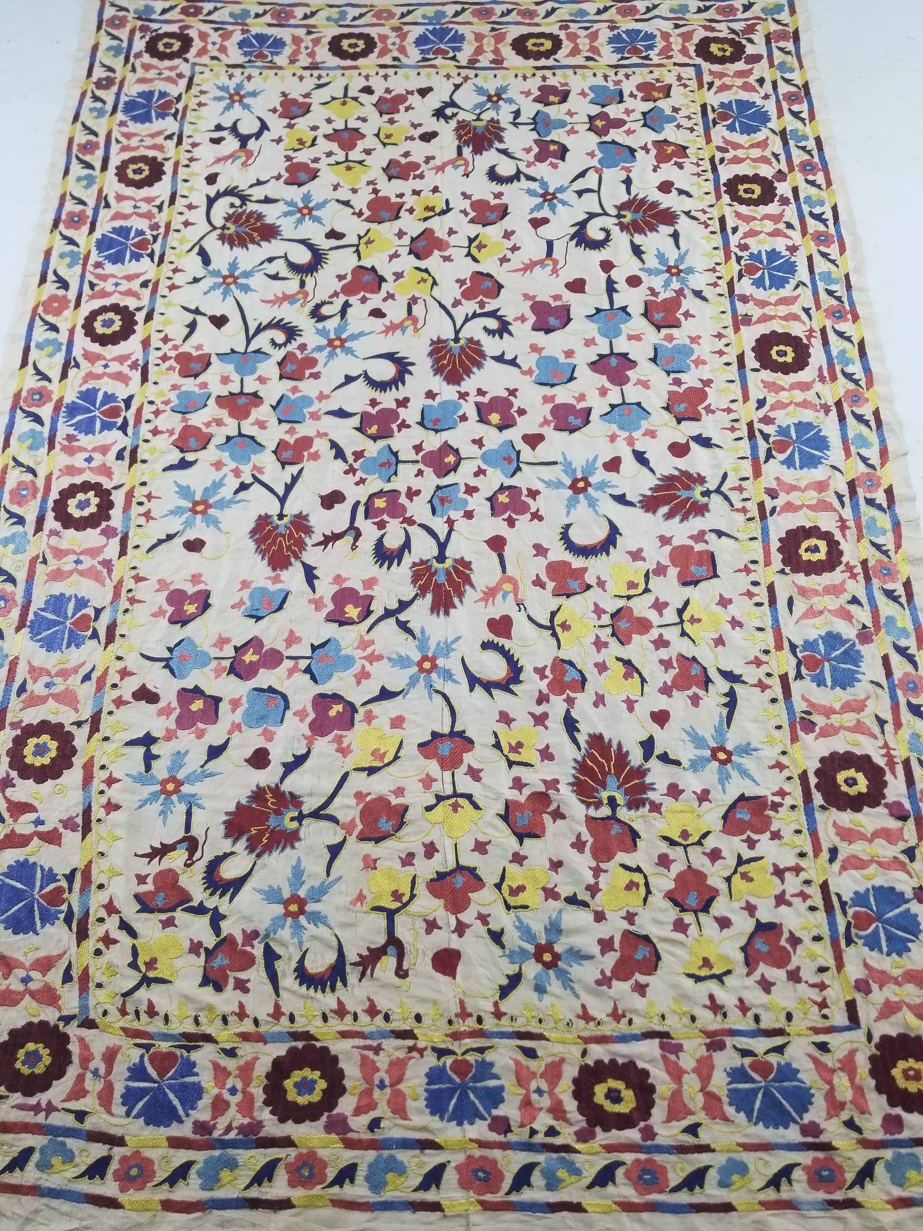 Vintage Traditional Uzbek Suzani Silk Embroidered Floral Medallion Decorative Panel 209x142cm