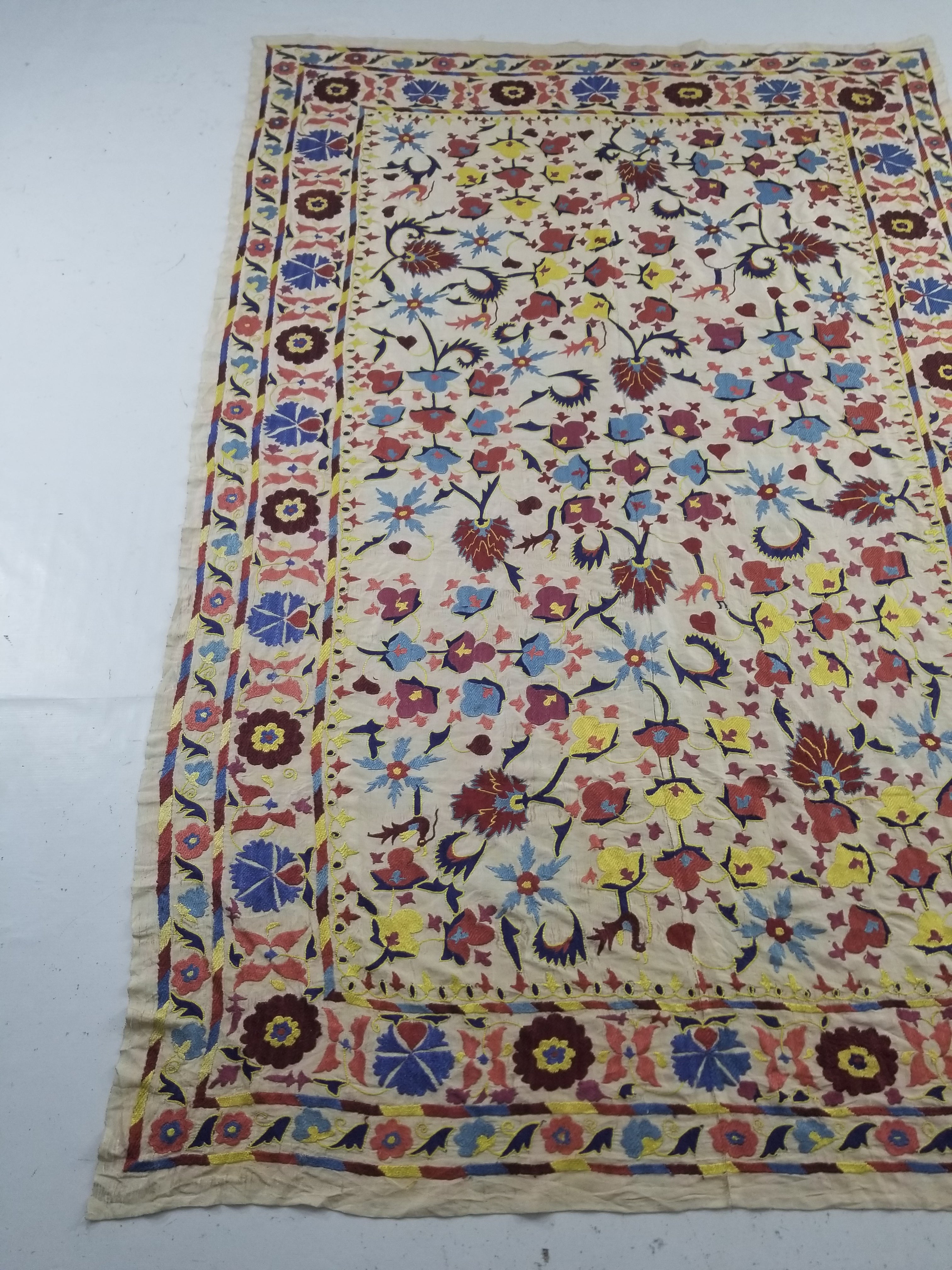 Vintage Traditional Uzbek Suzani Silk Embroidered Floral Medallion Decorative Panel 209x142cm