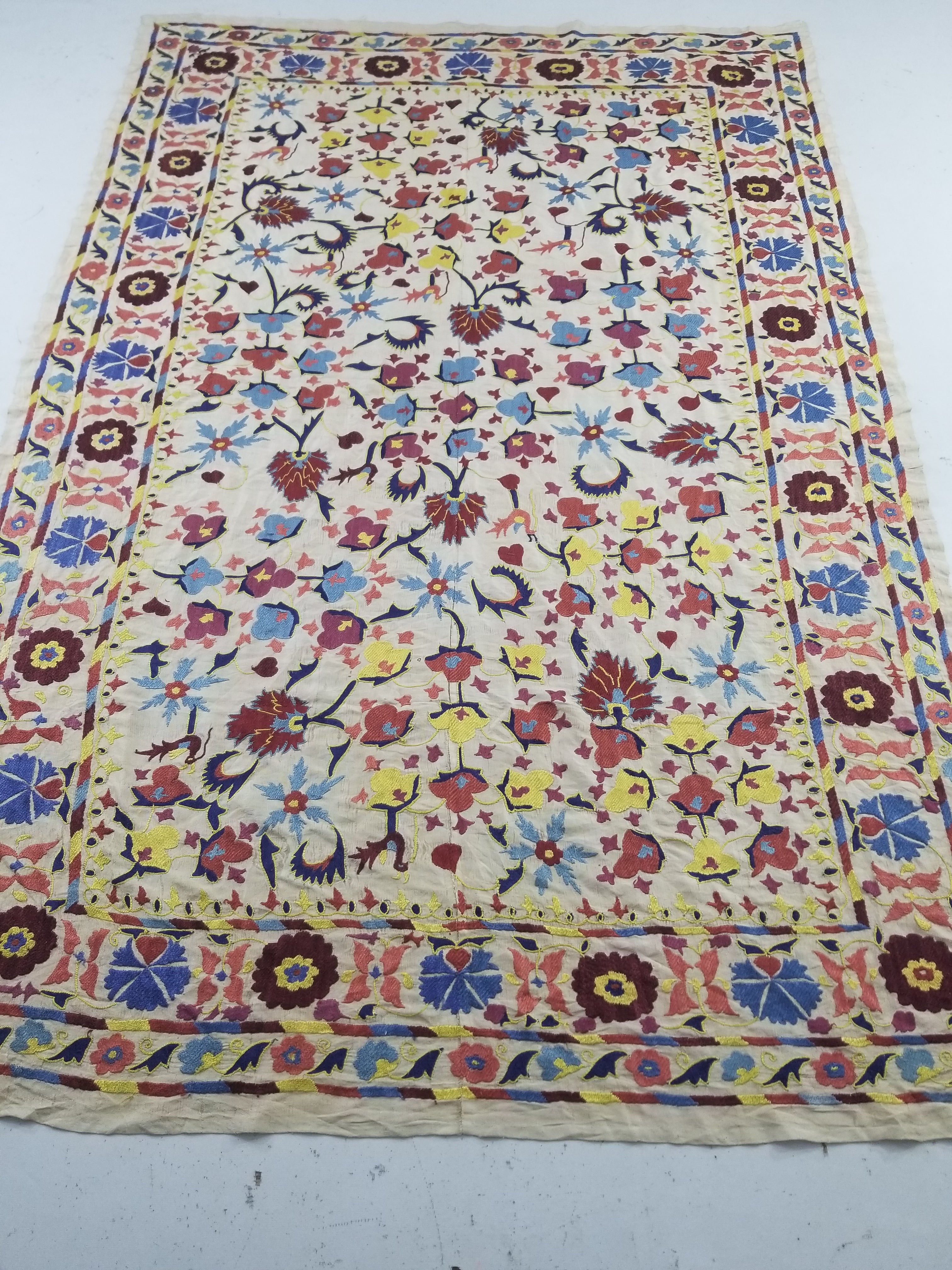 Vintage Traditional Uzbek Suzani Silk Embroidered Floral Medallion Decorative Panel 209x142cm
