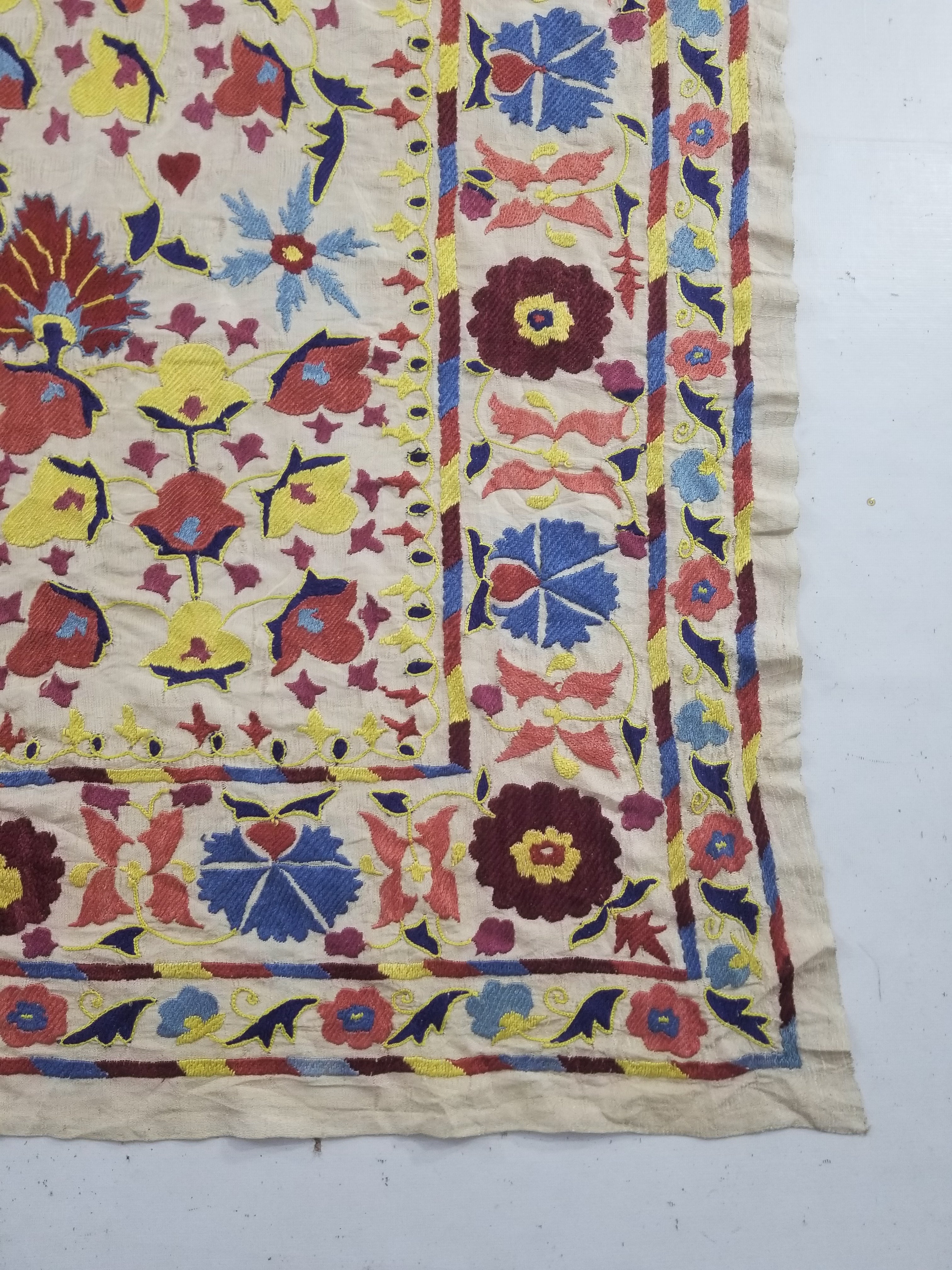 Vintage Traditional Uzbek Suzani Silk Embroidered Floral Medallion Decorative Panel 209x142cm