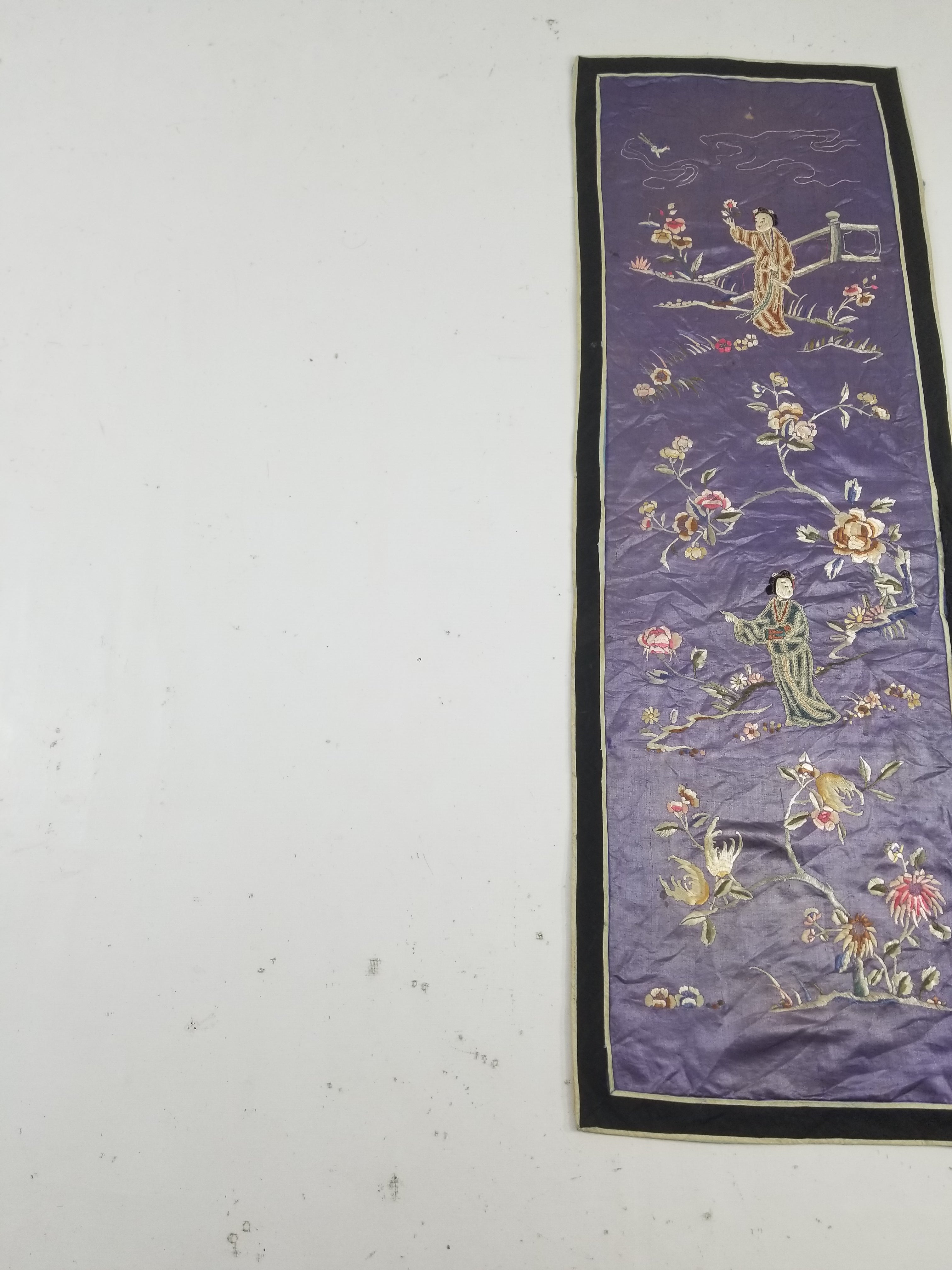 Antique Chinese Hand Embroidered Figural & Floral Silk Wall Hanging Tapestry 123x42cm