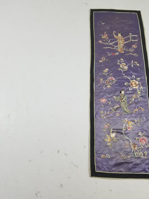 Antique Chinese Hand Embroidered Figural & Floral Silk Wall Hanging Tapestry 123x42cm