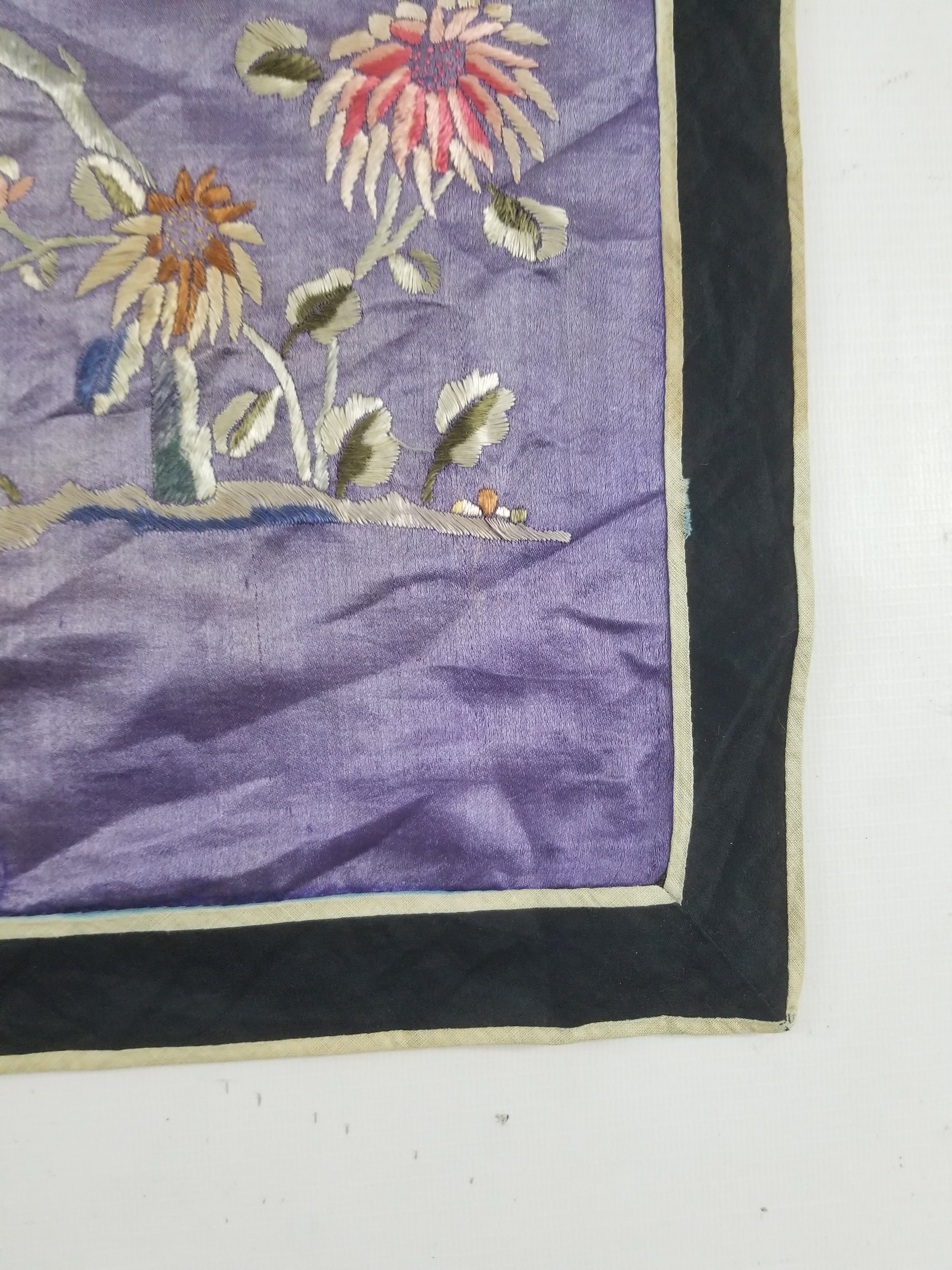 Antique Chinese Hand Embroidered Figural & Floral Silk Wall Hanging Tapestry 123x42cm