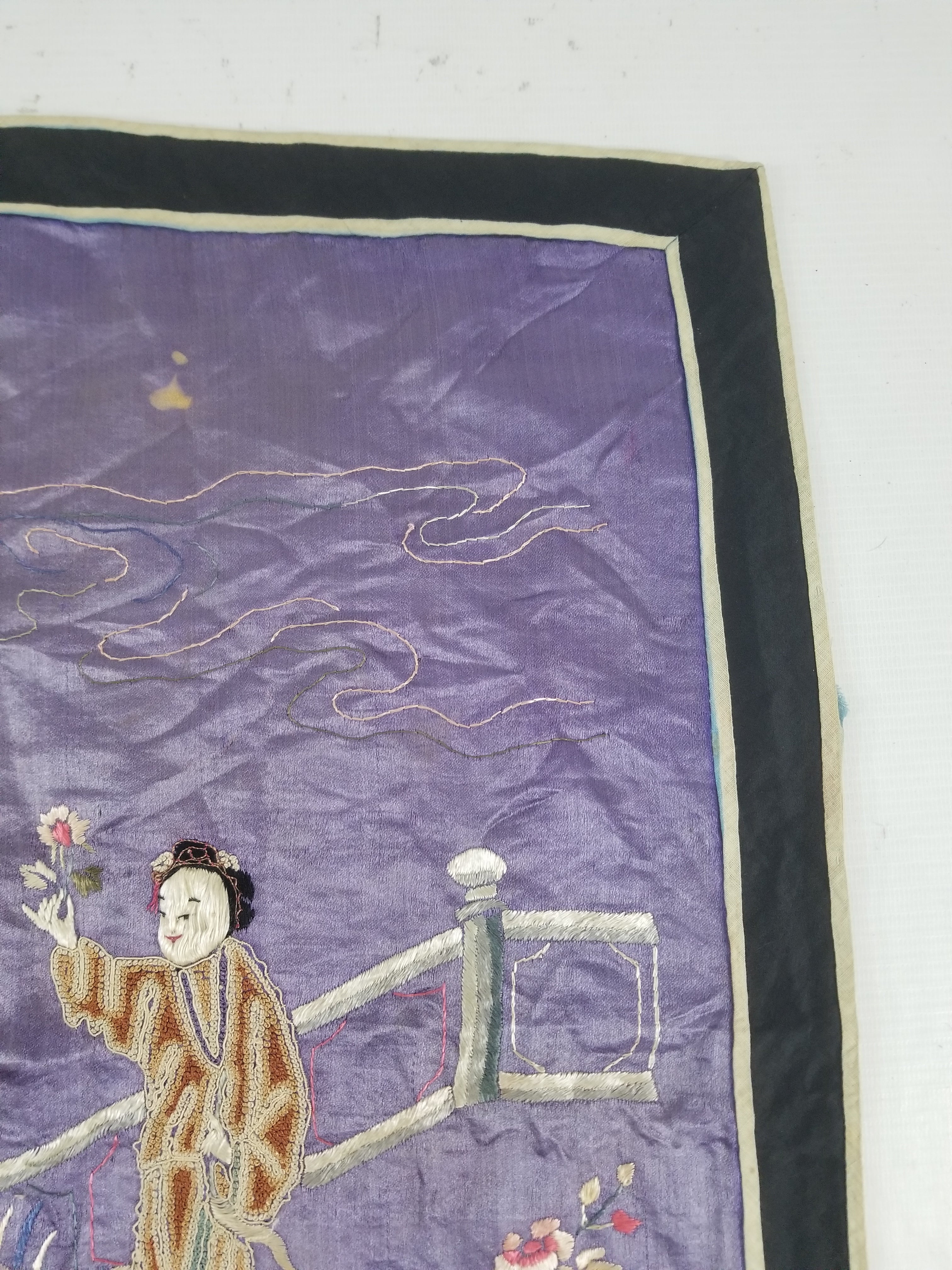 Antique Chinese Hand Embroidered Figural & Floral Silk Wall Hanging Tapestry 123x42cm