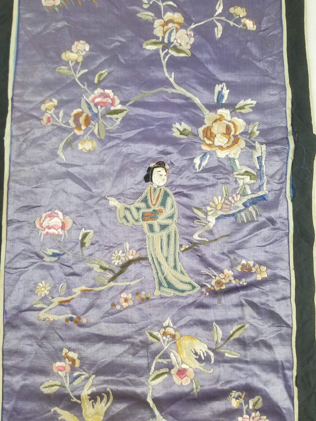 Antique Chinese Hand Embroidered Figural & Floral Silk Wall Hanging Tapestry 123x42cm