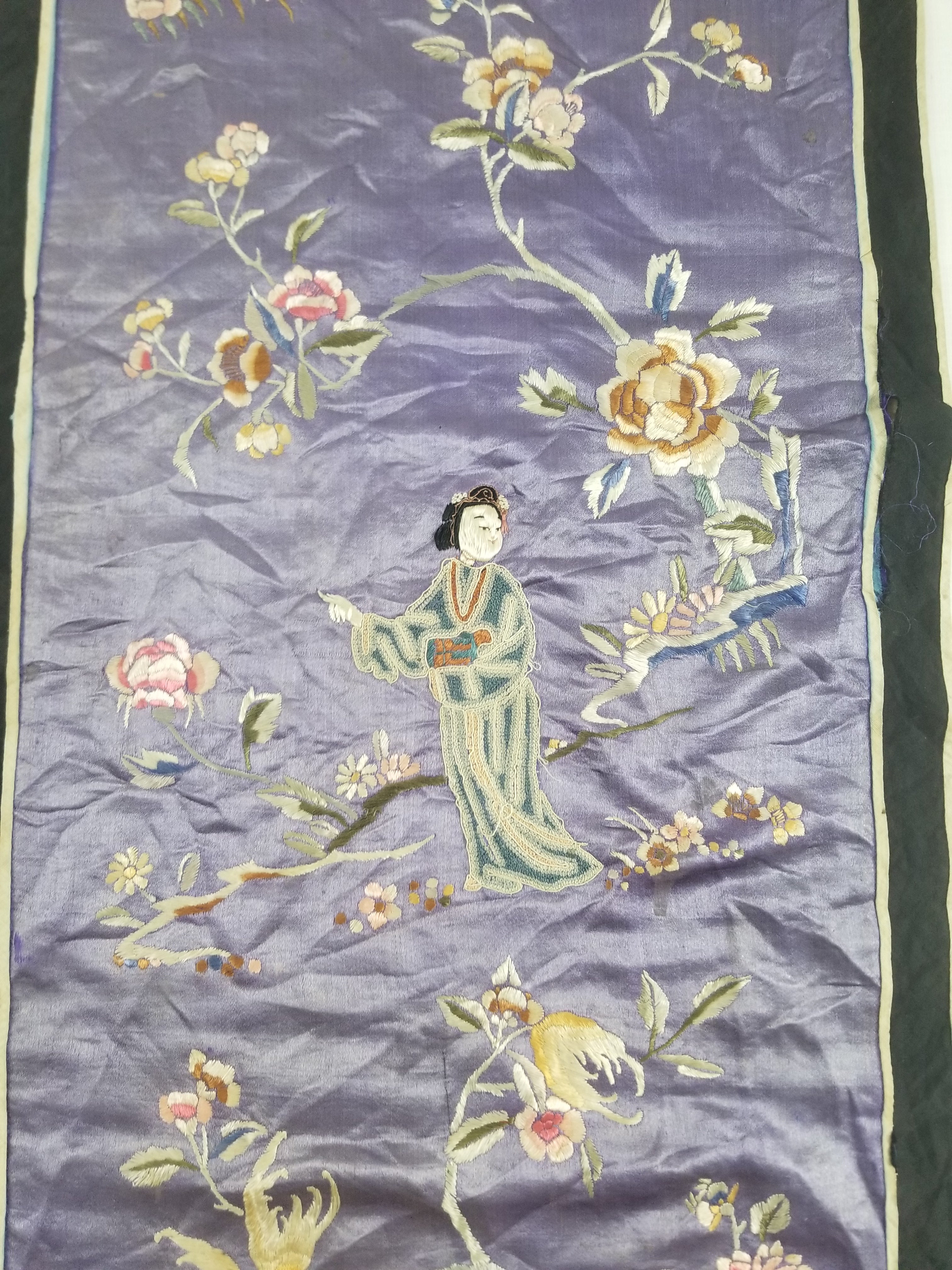 Antique Chinese Hand Embroidered Figural & Floral Silk Wall Hanging Tapestry 123x42cm