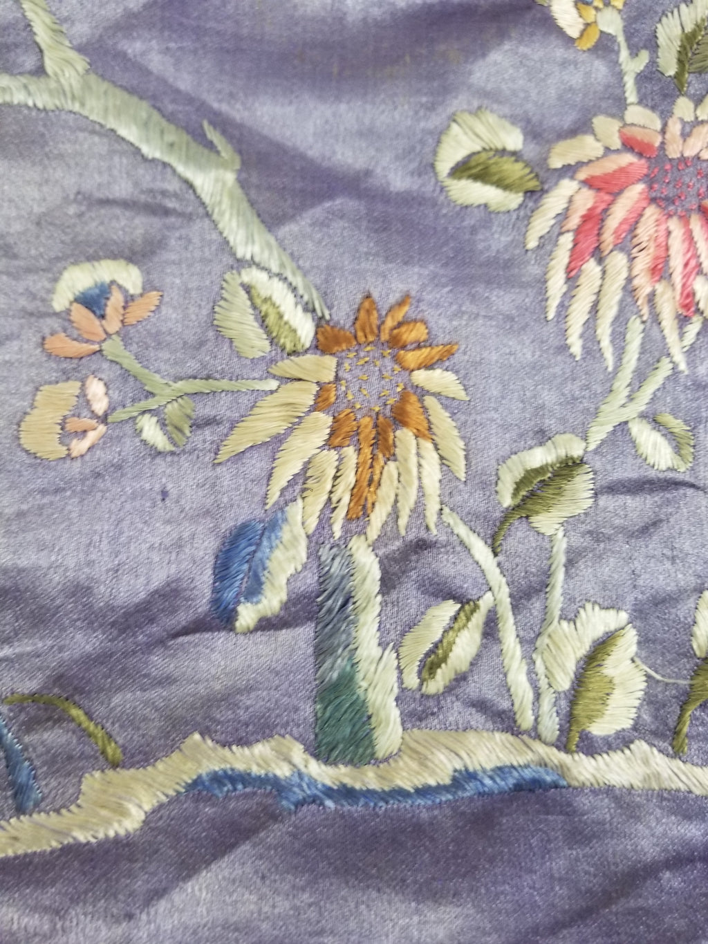 Antique Chinese Hand Embroidered Figural & Floral Silk Wall Hanging Tapestry 123x42cm
