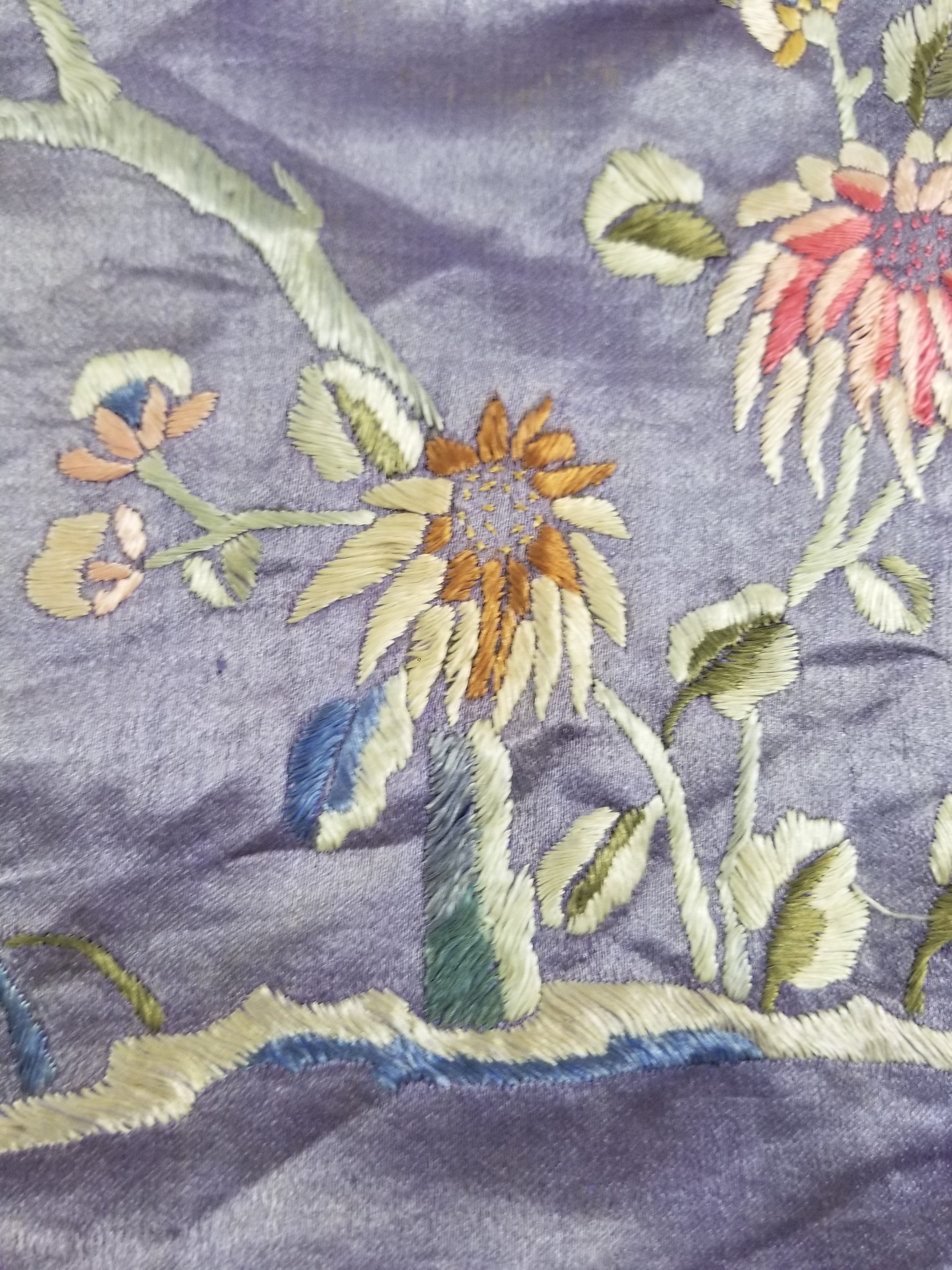 Antique Chinese Hand Embroidered Figural & Floral Silk Wall Hanging Tapestry 123x42cm