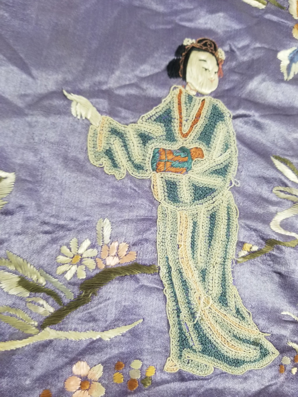 Antique Chinese Hand Embroidered Figural & Floral Silk Wall Hanging Tapestry 123x42cm