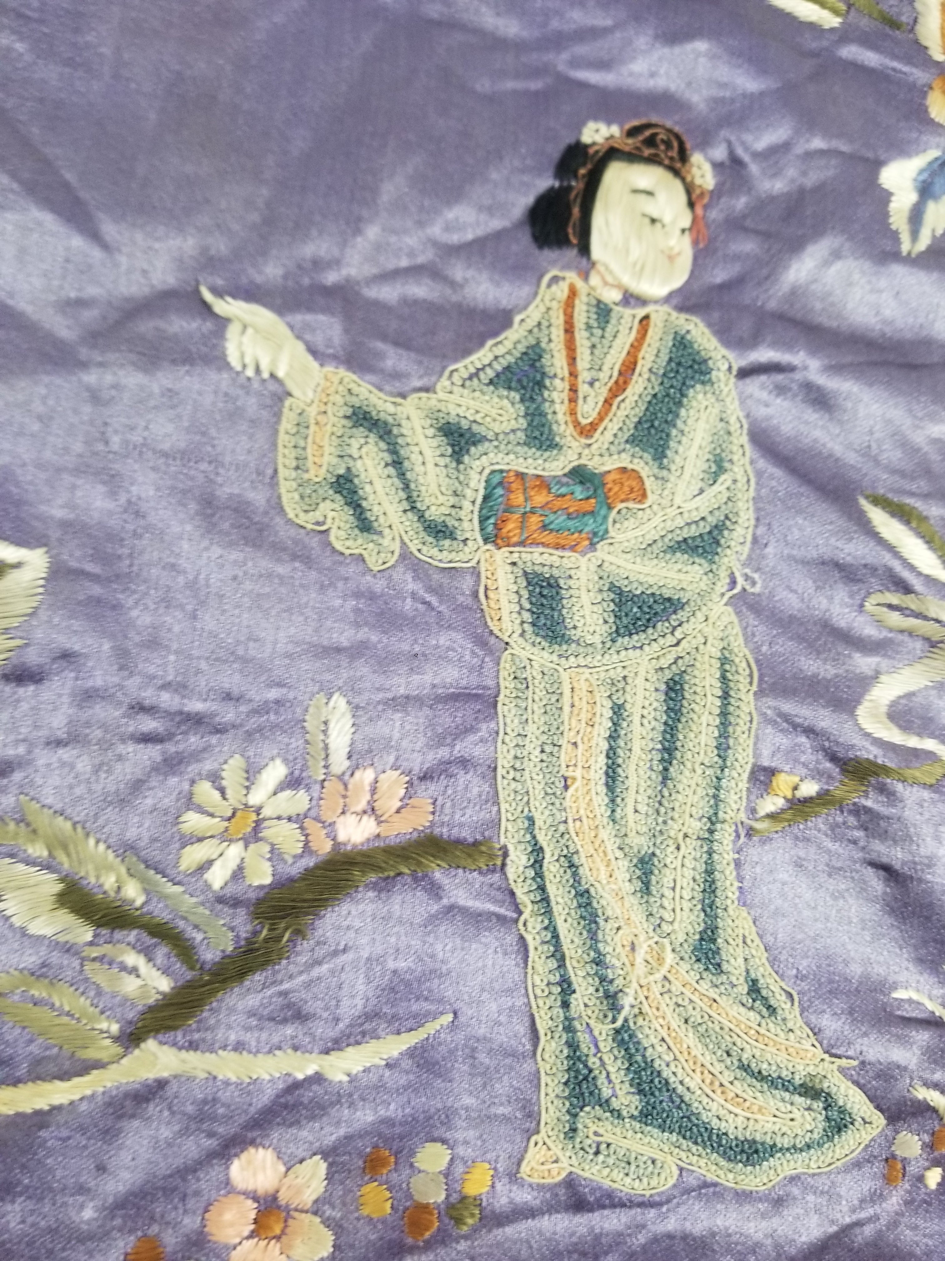 Antique Chinese Hand Embroidered Figural & Floral Silk Wall Hanging Tapestry 123x42cm