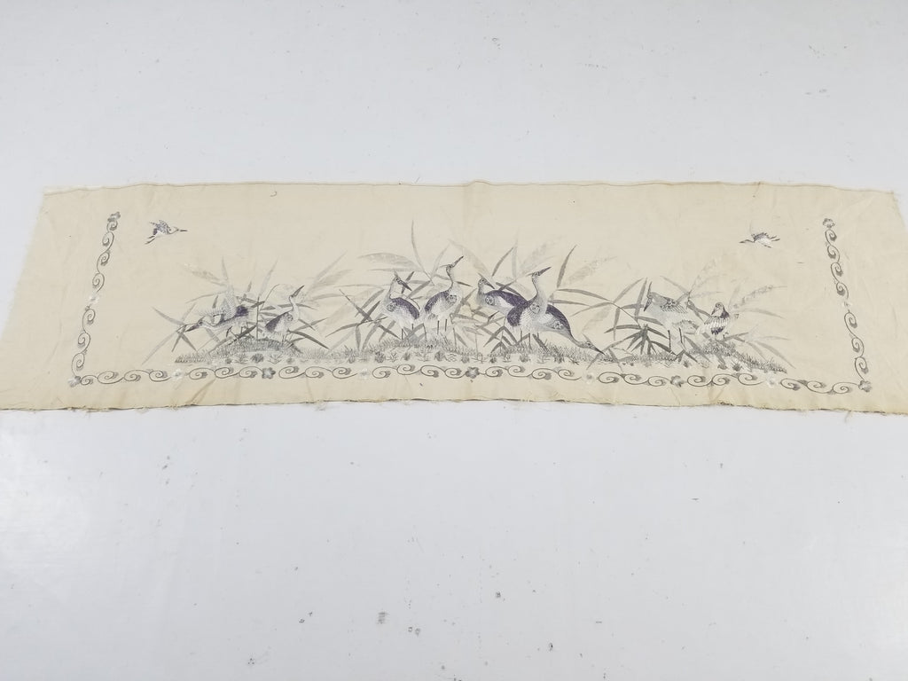 Vintage Chinese Silk Embroidered Crane & Bamboo Tapestry 156x45cm