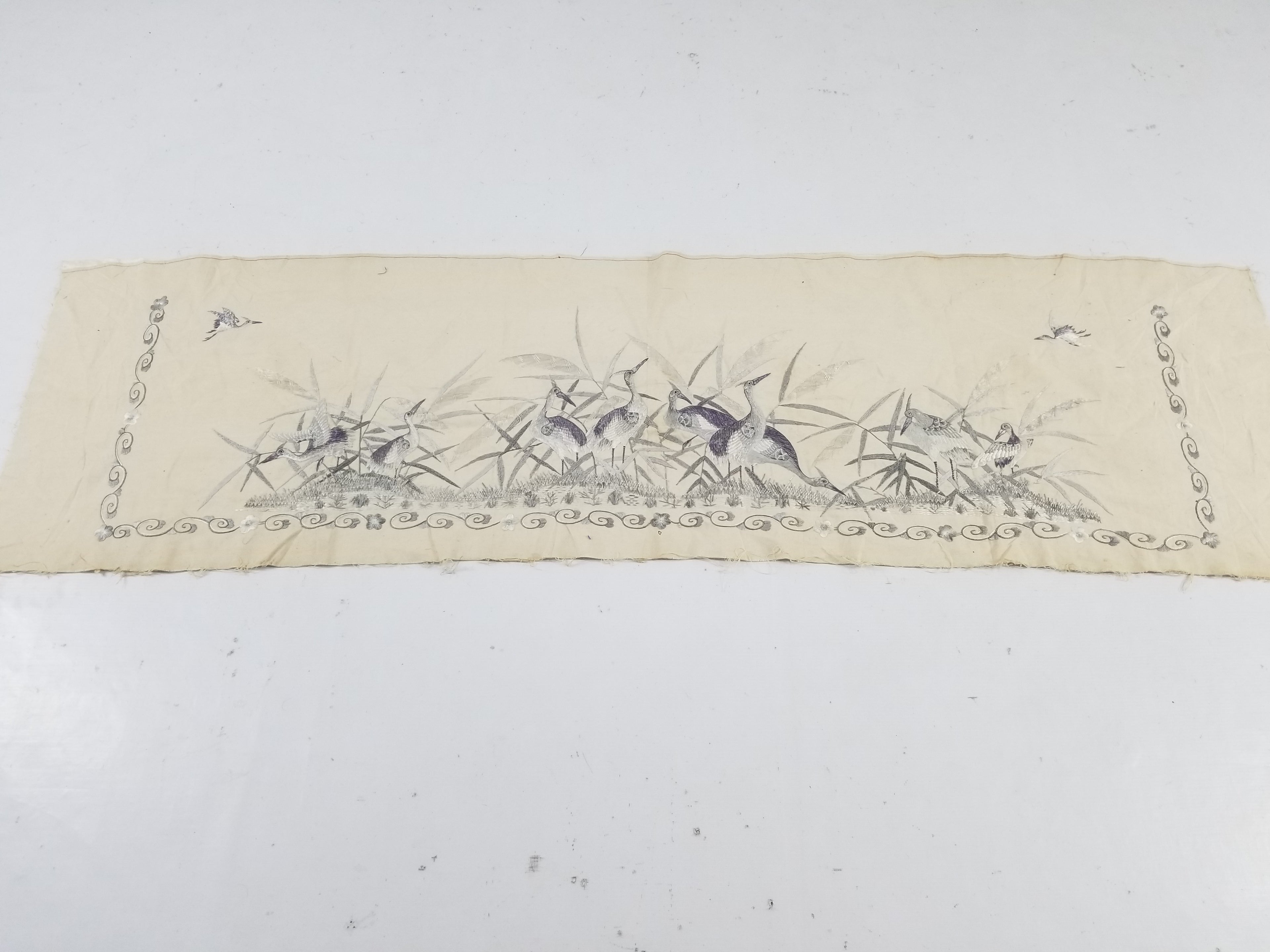 Vintage Chinese Silk Embroidered Crane & Bamboo Tapestry 156x45cm