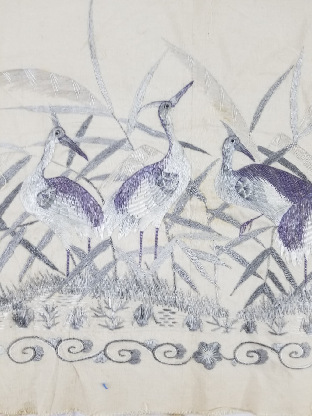 Vintage Chinese Silk Embroidered Crane & Bamboo Tapestry 156x45cm
