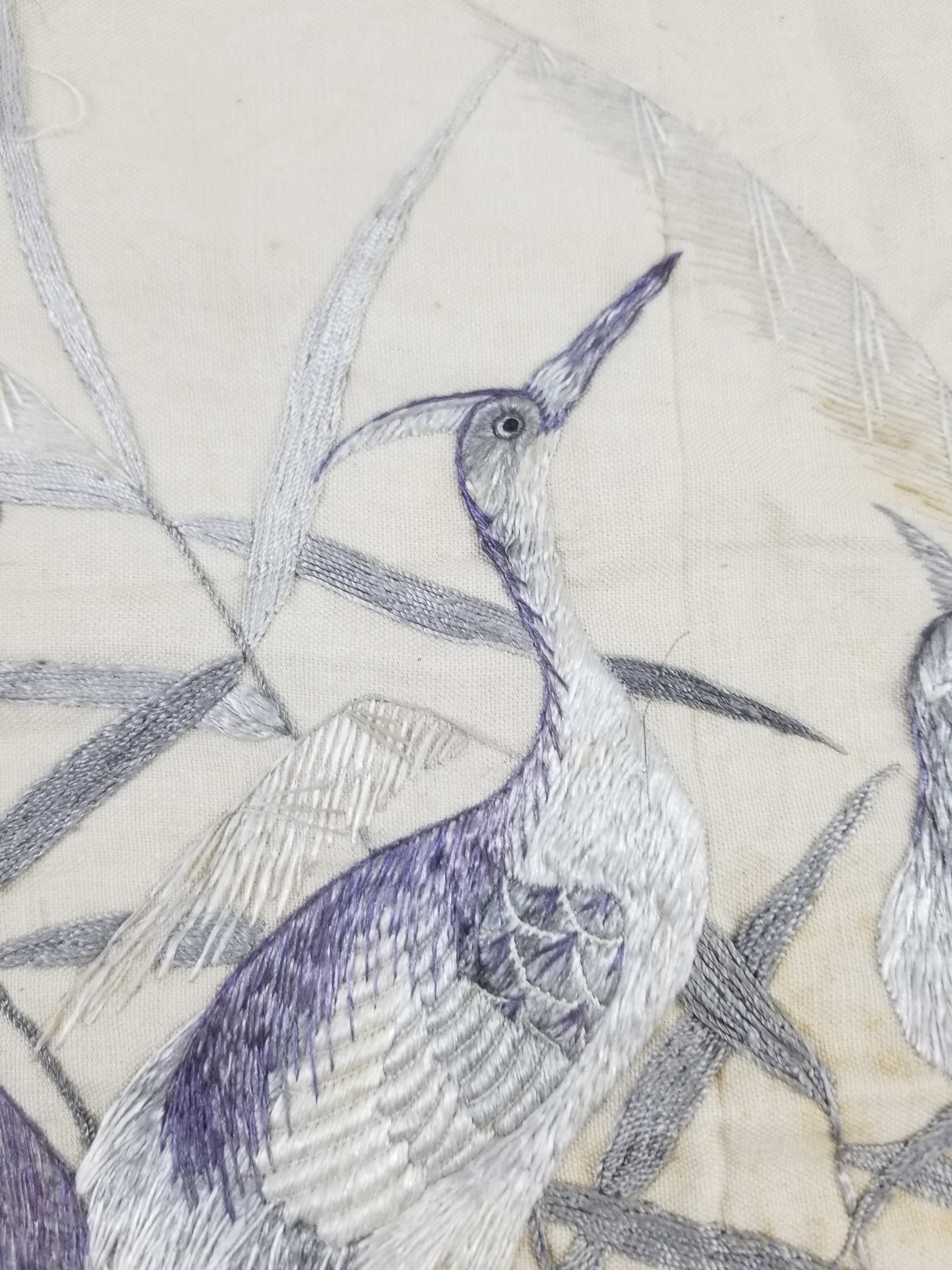 Vintage Chinese Silk Embroidered Crane & Bamboo Tapestry 156x45cm