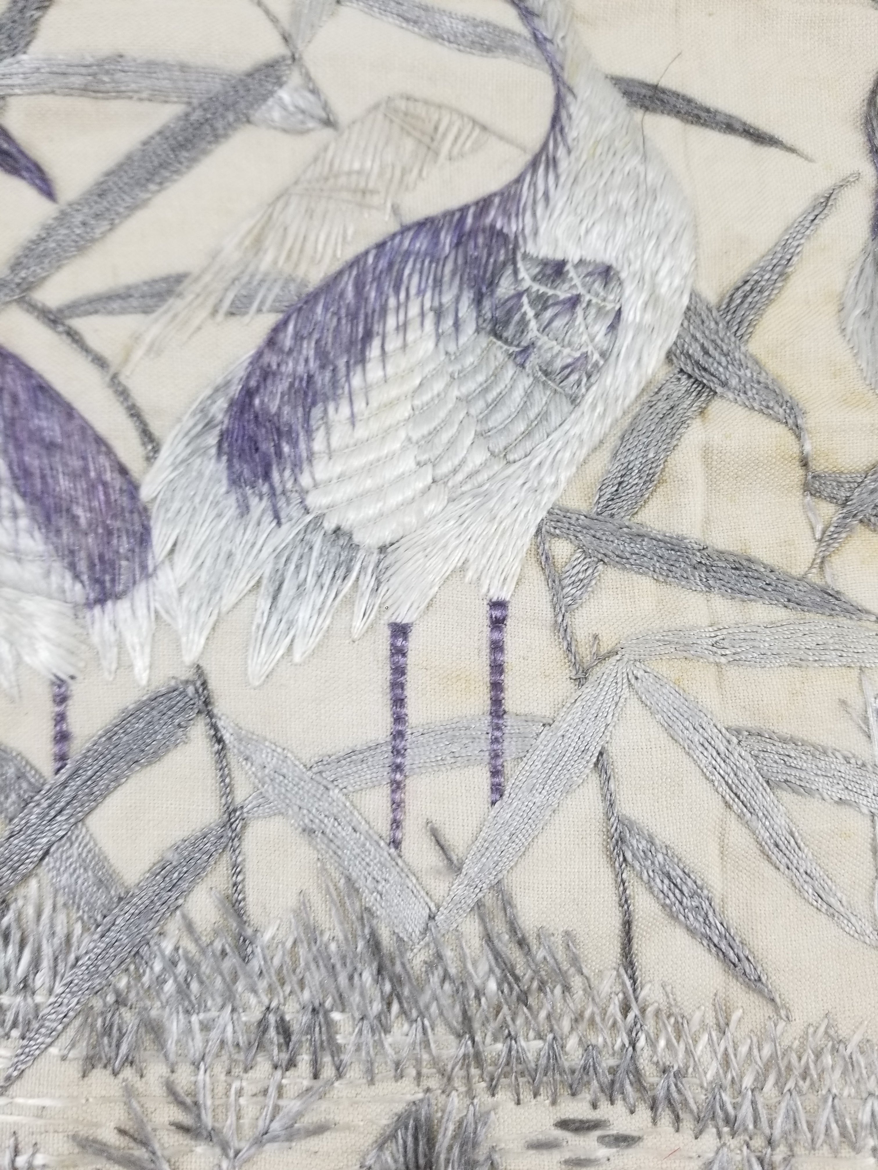 Vintage Chinese Silk Embroidered Crane & Bamboo Tapestry 156x45cm