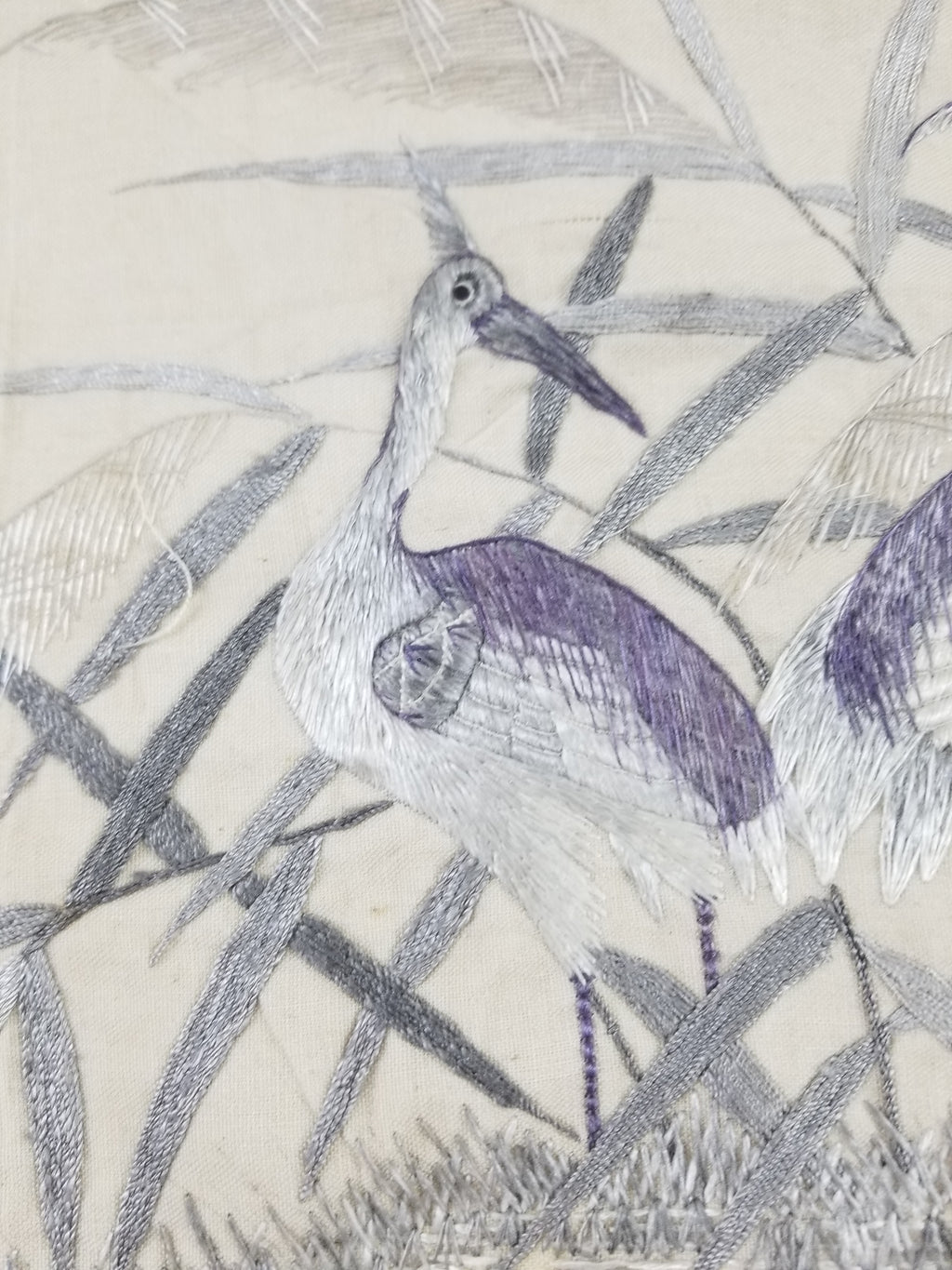 Vintage Chinese Silk Embroidered Crane & Bamboo Tapestry 156x45cm