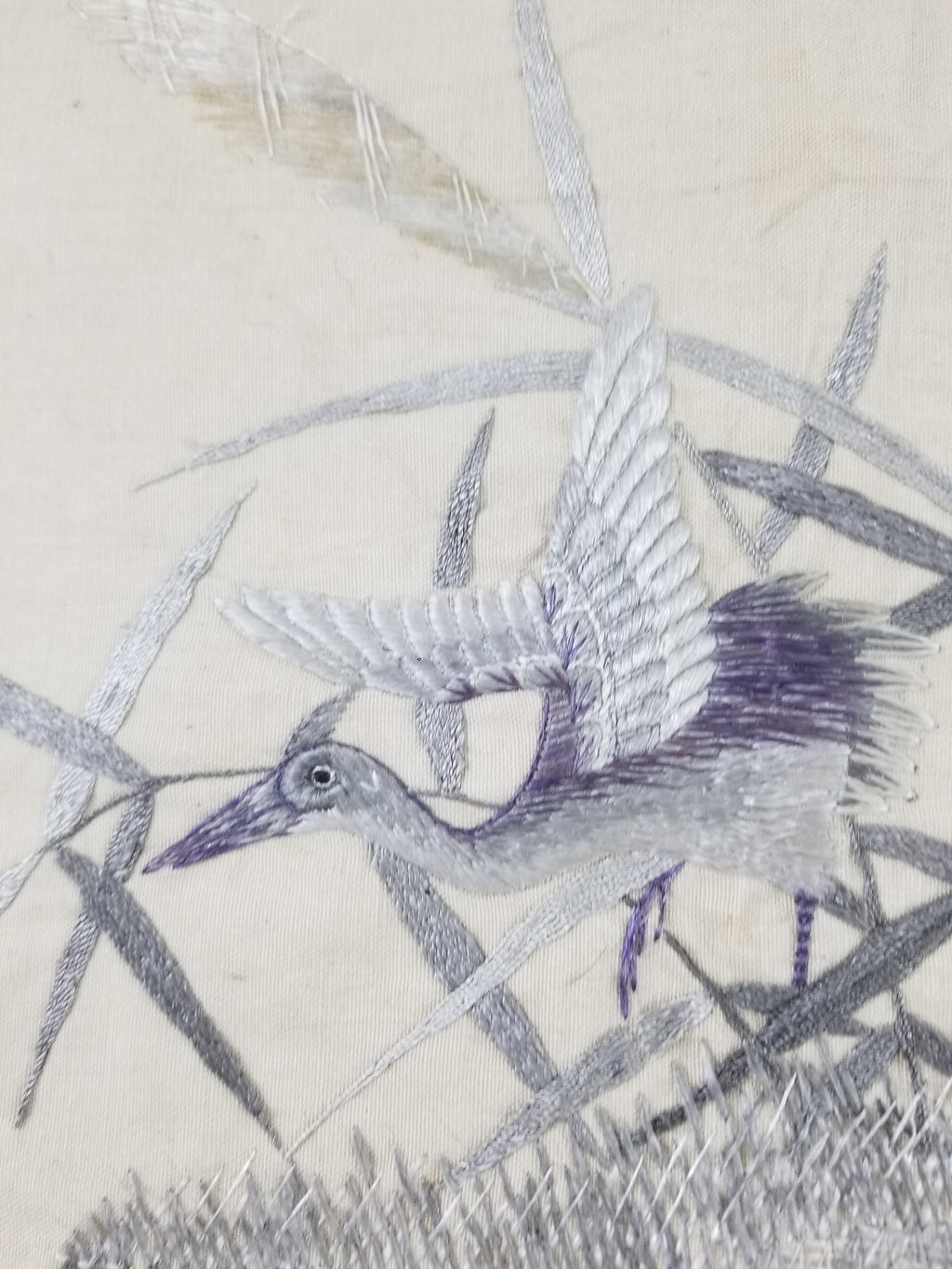 Vintage Chinese Silk Embroidered Crane & Bamboo Tapestry 156x45cm
