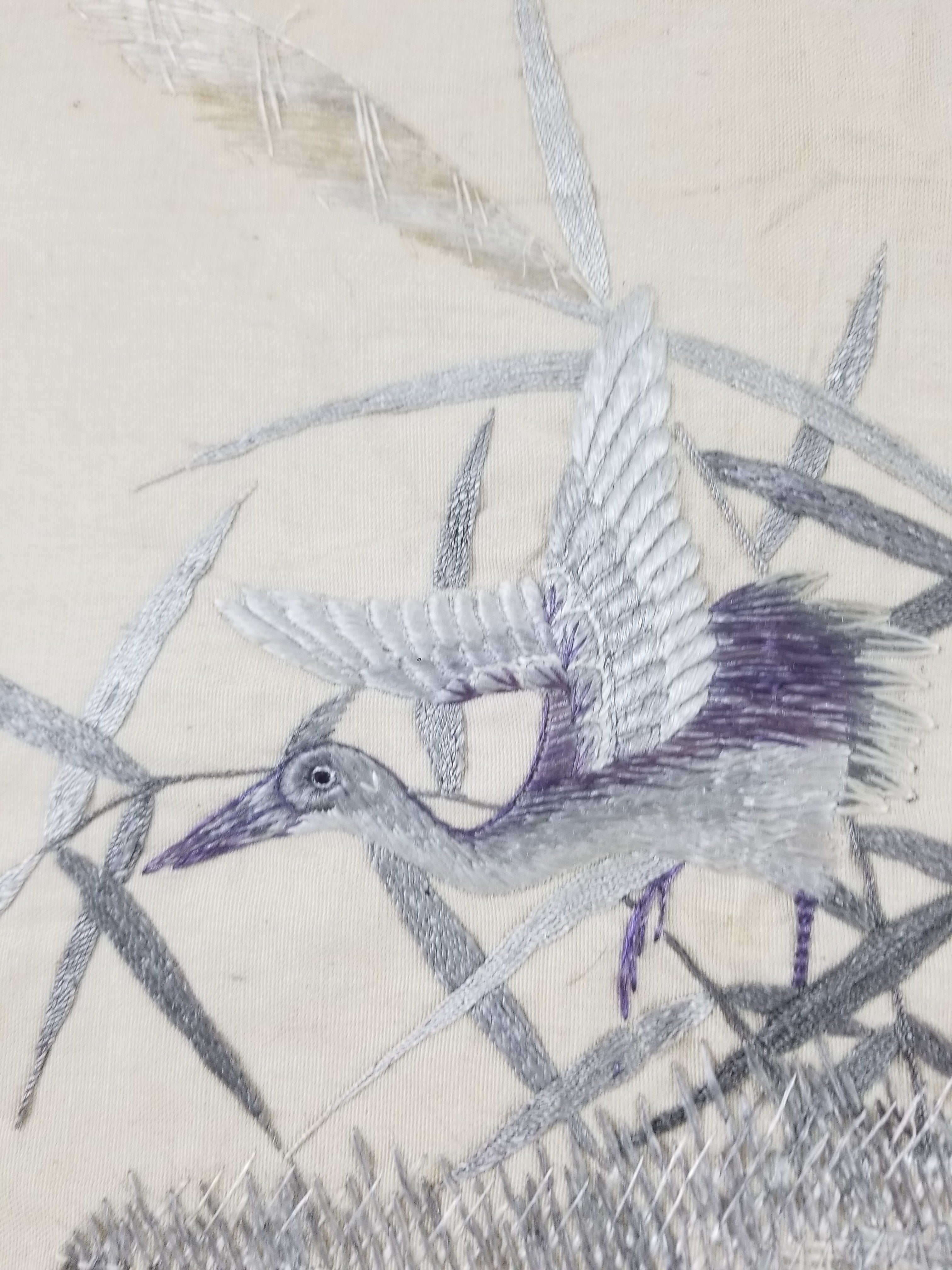 Vintage Chinese Silk Embroidered Crane & Bamboo Tapestry 156x45cm