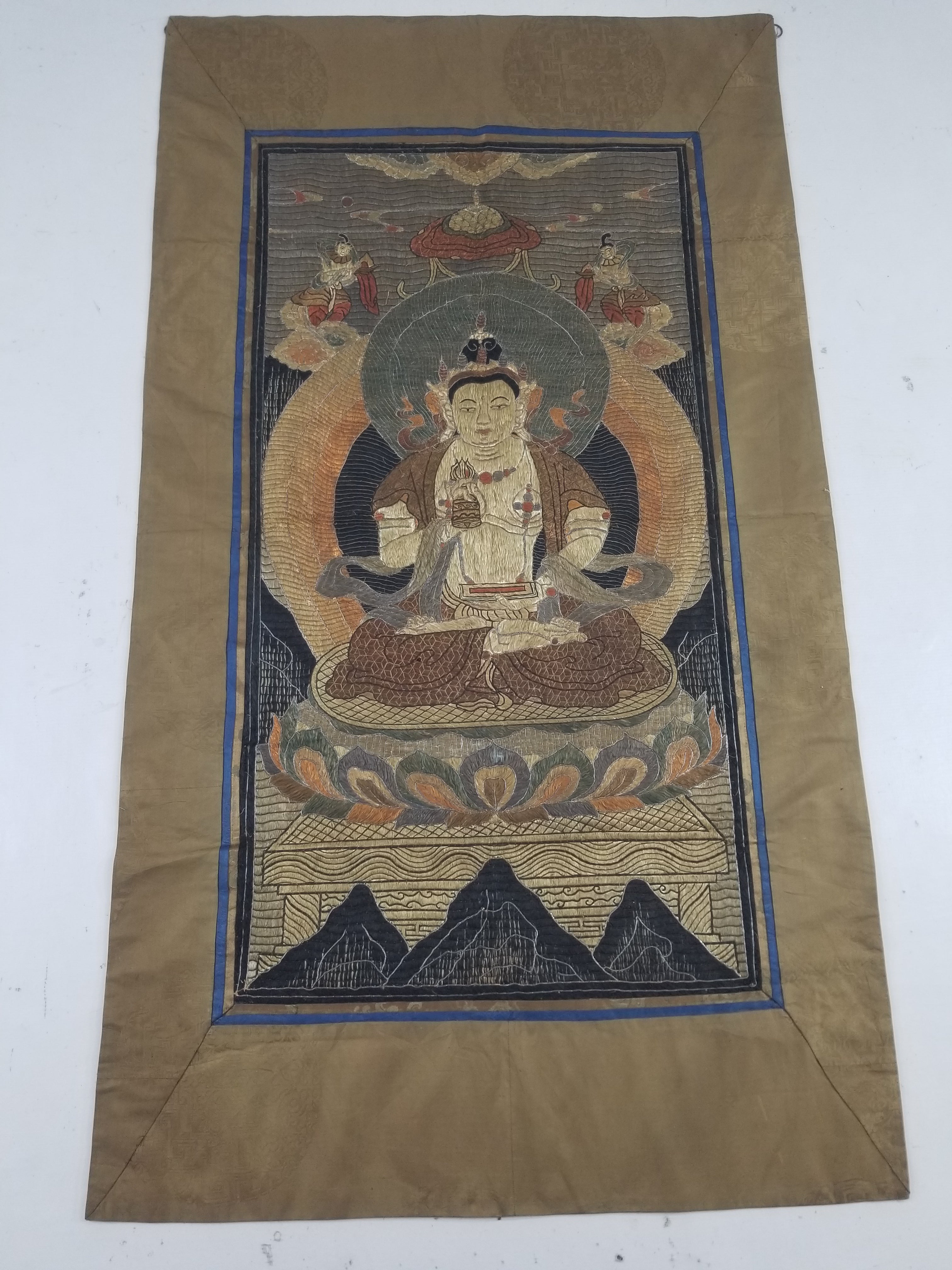 Antique Tibetan Thangka Amitayus Buddha Hand Embroidered Tapestry 141x79cm