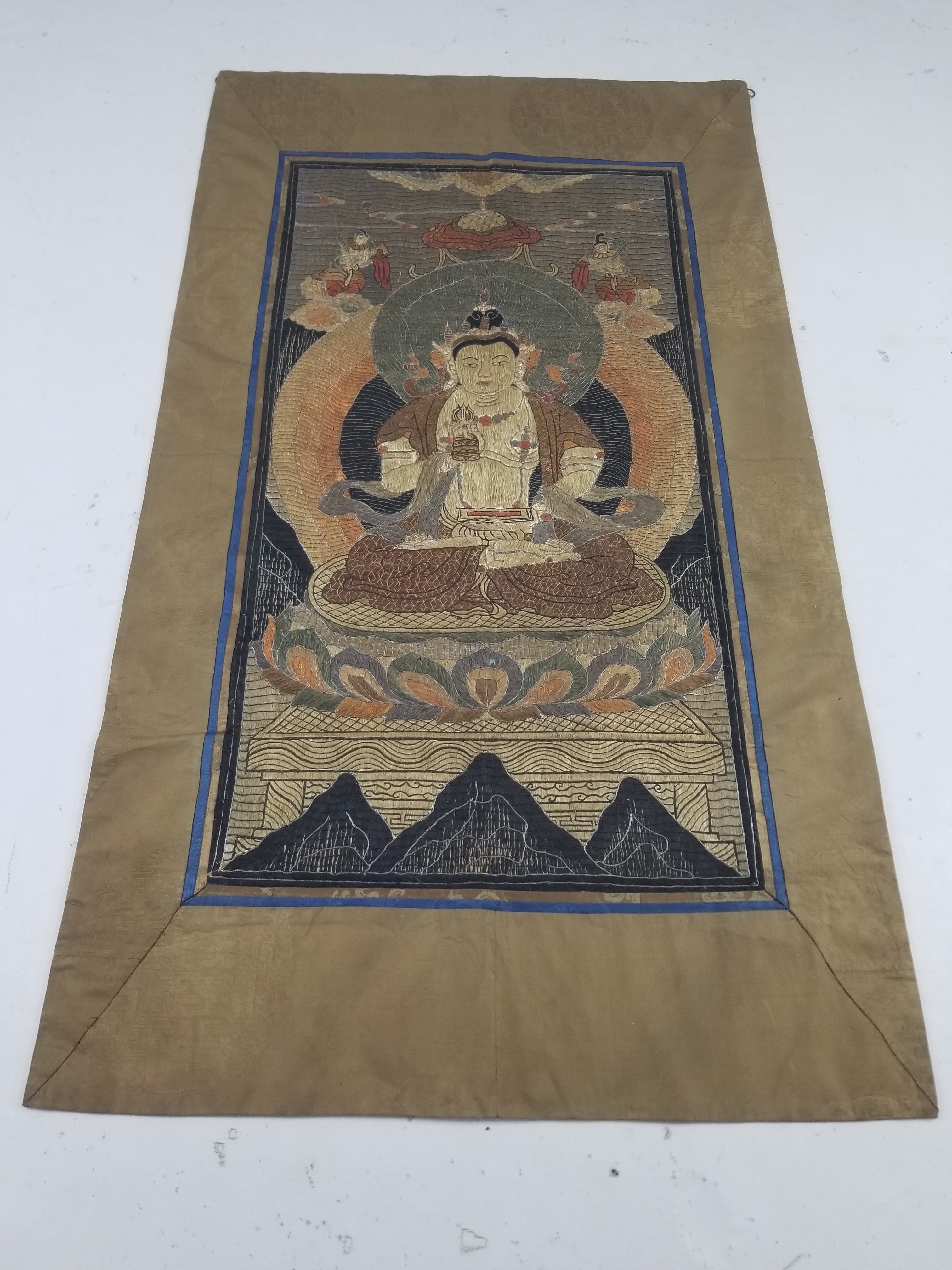Antique Tibetan Thangka Amitayus Buddha Hand Embroidered Tapestry 141x79cm