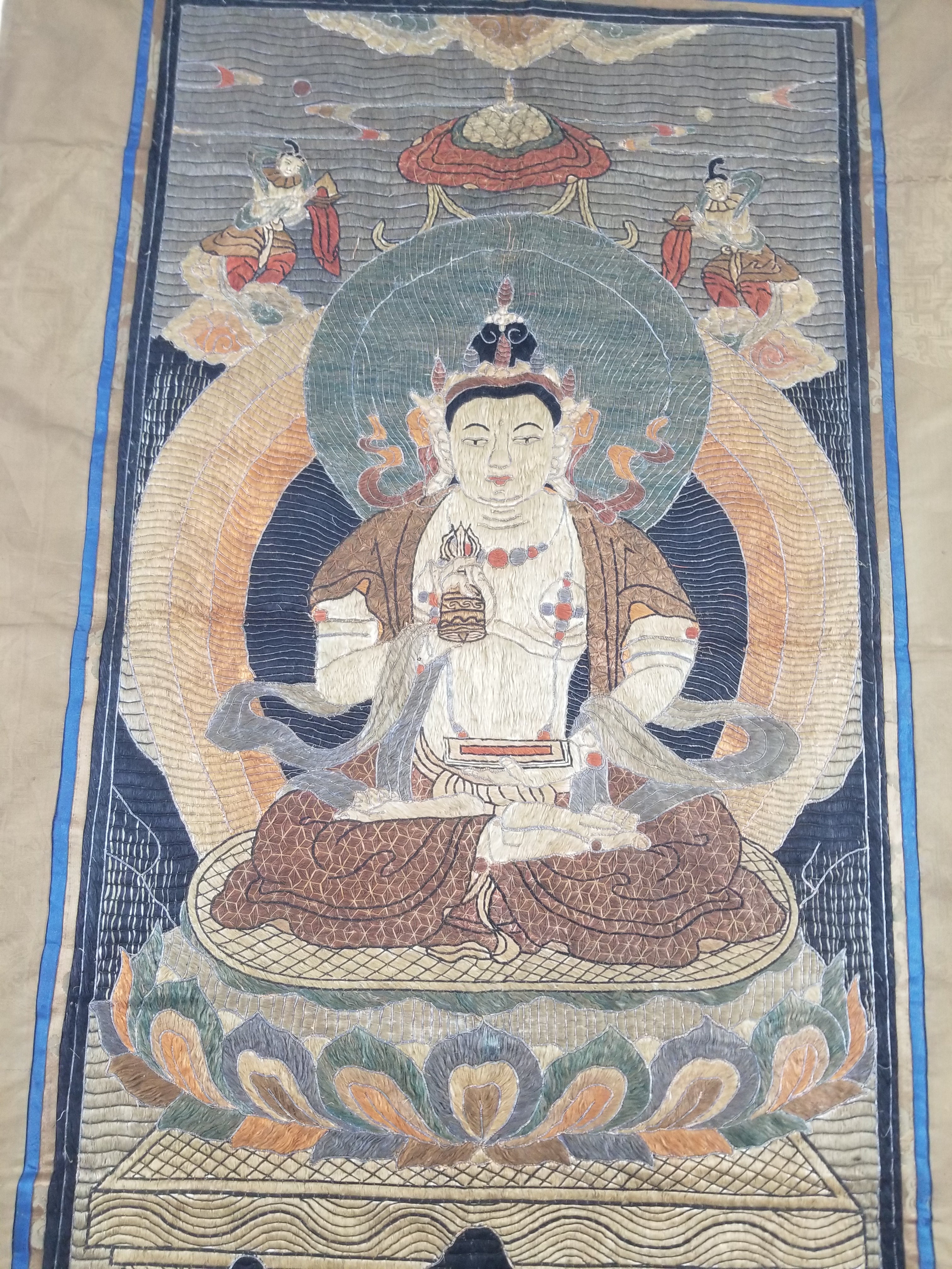 Antique Tibetan Thangka Amitayus Buddha Hand Embroidered Tapestry 141x79cm