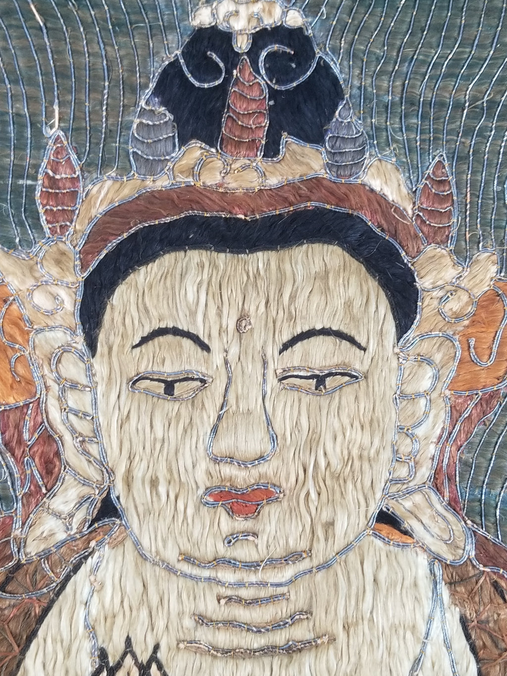 Antique Tibetan Thangka Amitayus Buddha Hand Embroidered Tapestry 141x79cm