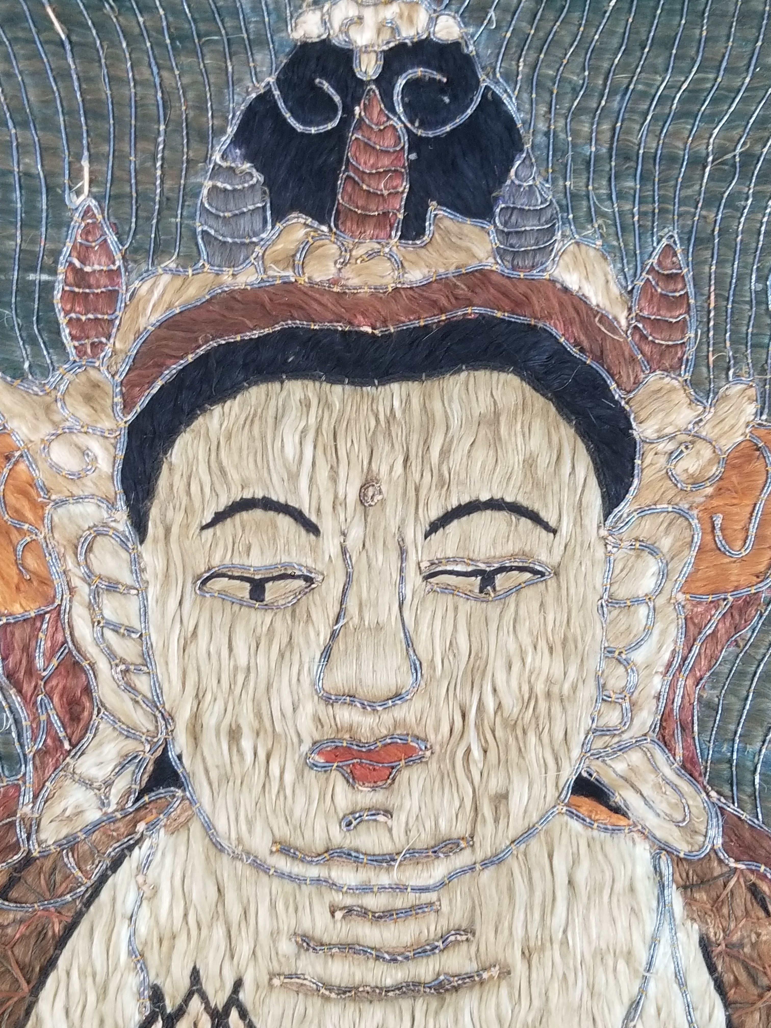 Antique Tibetan Thangka Amitayus Buddha Hand Embroidered Tapestry 141x79cm