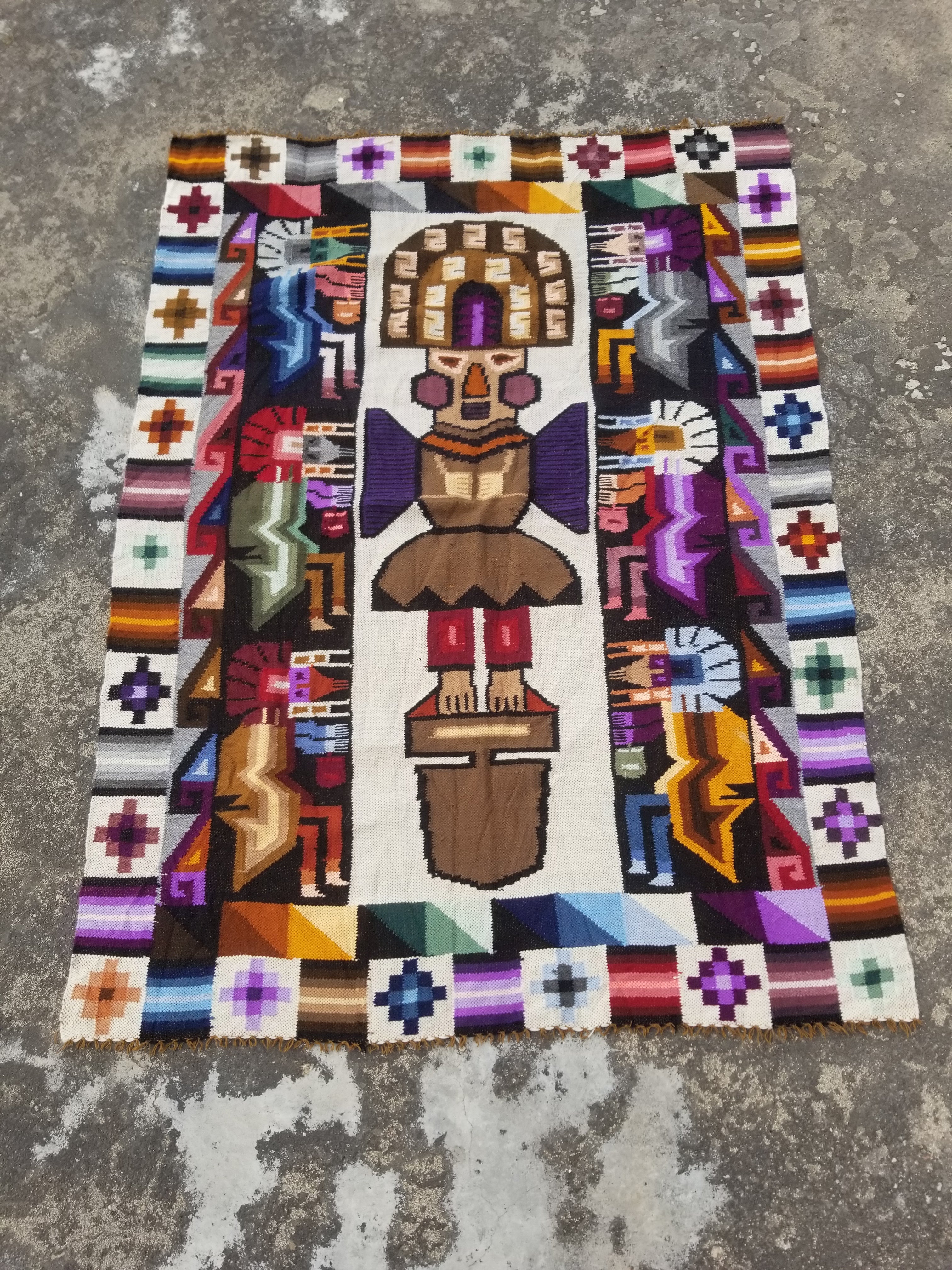Vintage Handmade Peruvian Tumi Inspired Wool Multicolor Kilim Tapestry 150x110cm
