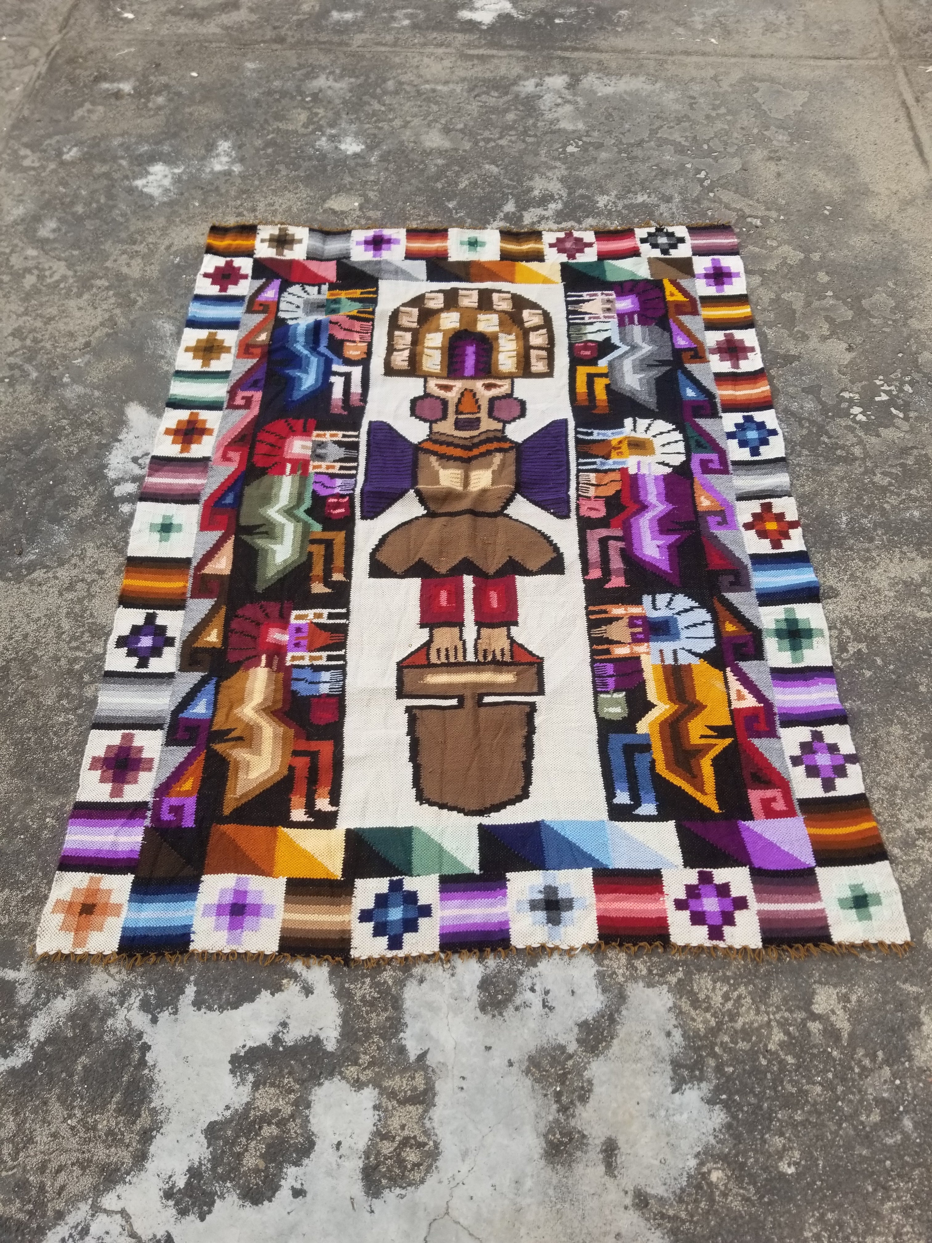 Vintage Handmade Peruvian Tumi Inspired Wool Multicolor Kilim Tapestry 150x110cm