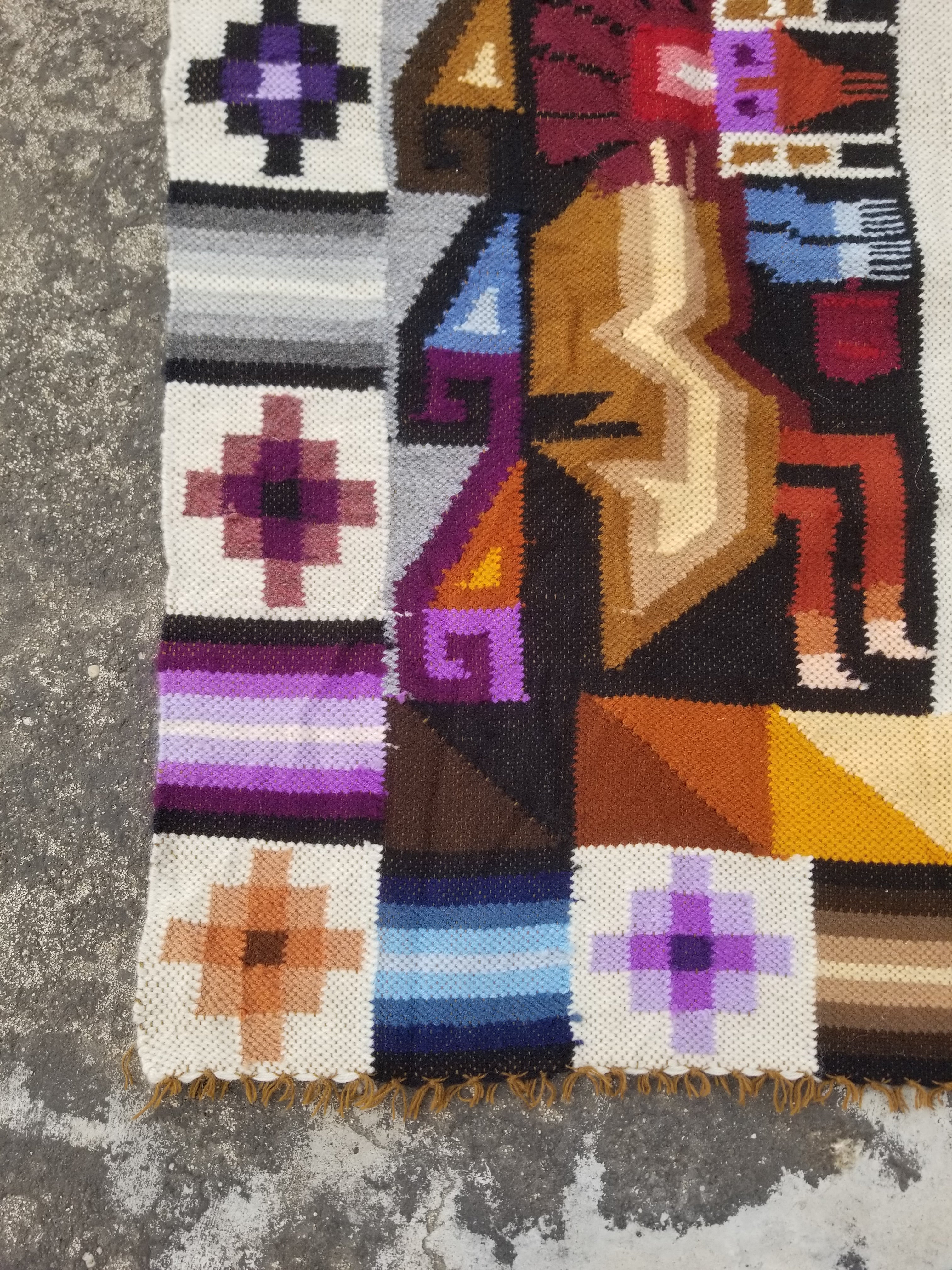 Vintage Handmade Peruvian Tumi Inspired Wool Multicolor Kilim Tapestry 150x110cm