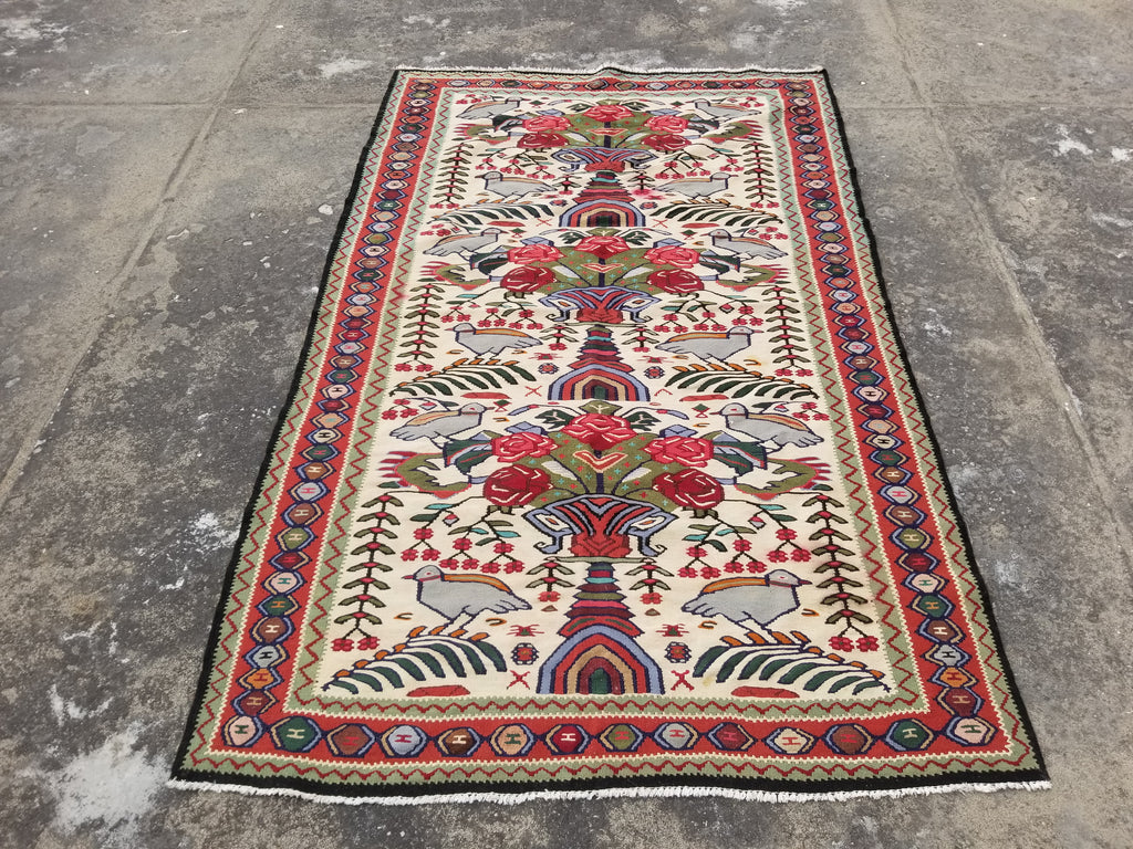 Vintage Traditional Handwoven Pictorial Birds & Floral Wool Kilim 224x134cm