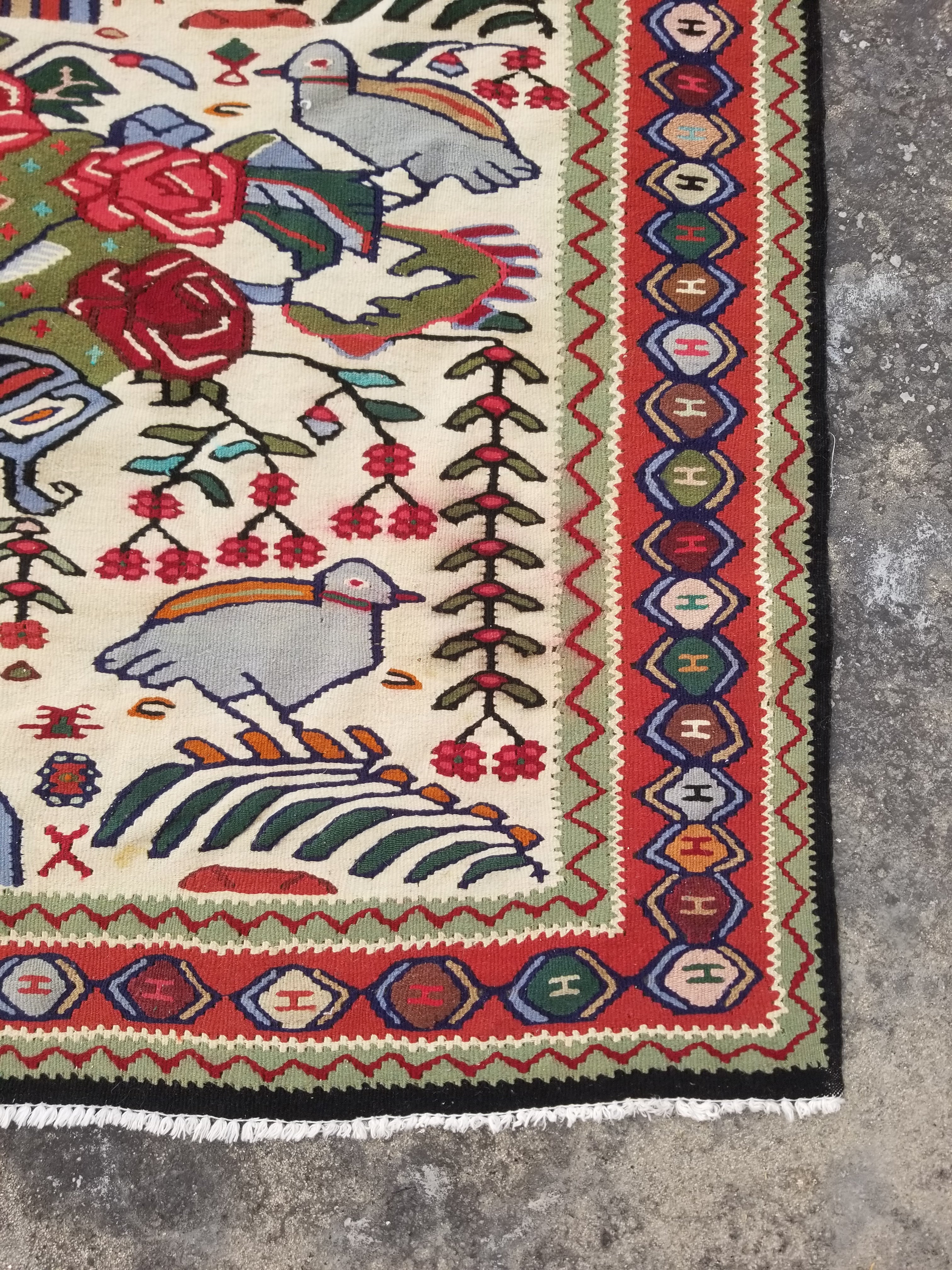 Vintage Traditional Handwoven Pictorial Birds & Floral Wool Kilim 224x134cm